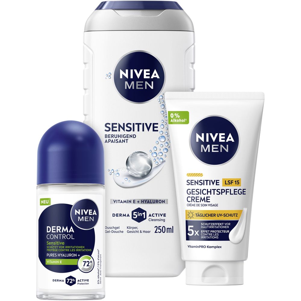 NIVEA MEN Sensitive Duschgel, Gesichtscreme LSF 15 und Derma Control Deo Roll-on.
