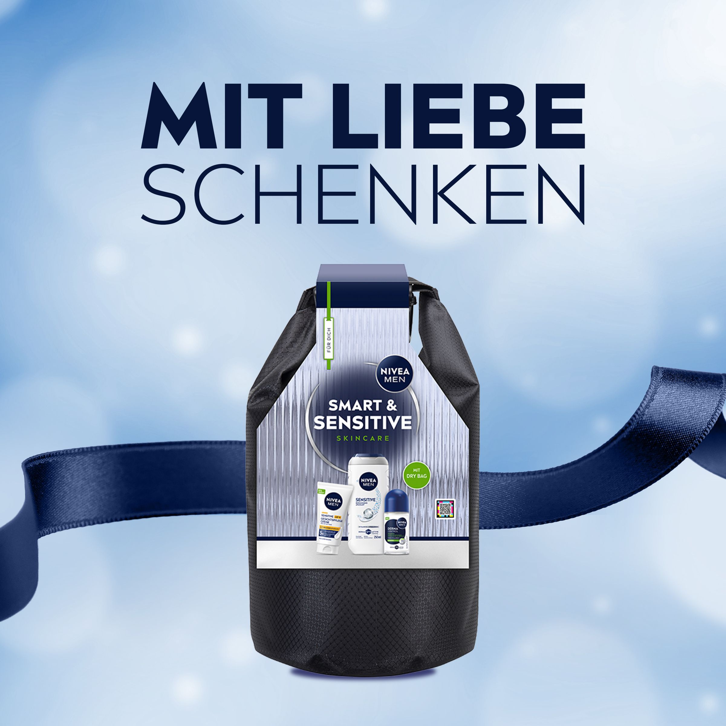 NIVEA MEN Smart & Sensitive Geschenkset in schwarzem Dry Bag, dekoriert mit Schleife.
