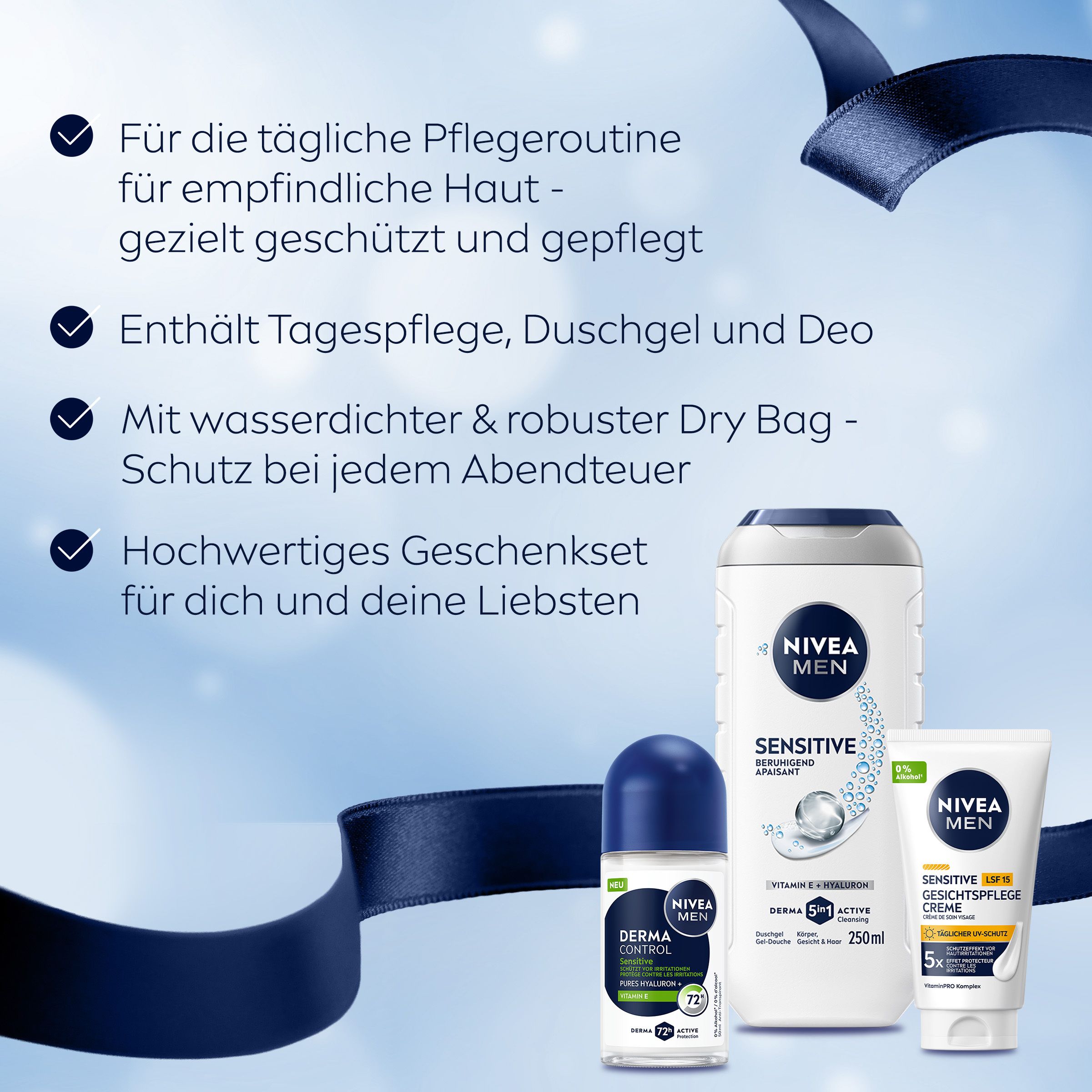 NIVEA MEN Smart & Sensitive Geschenkset mit Dry Bag, Duschgel, Gesichtscreme und Deo.