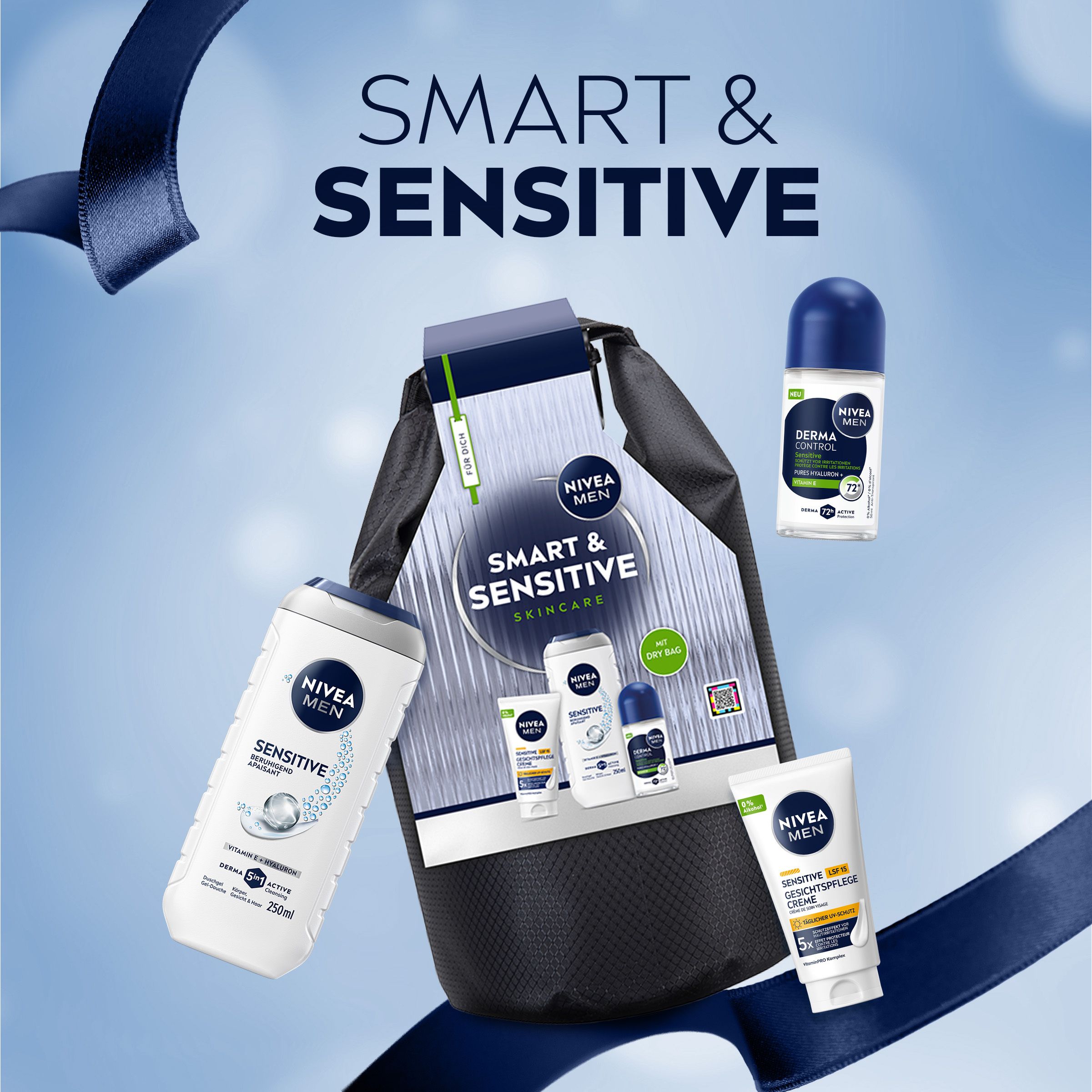 NIVEA MEN Smart & Sensitive Geschenkset mit Dry Bag, Duschgel, Gesichtscreme und Deo.