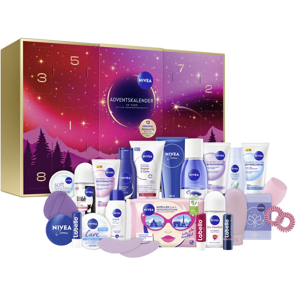 NIVEA Adventskalender geöffnet, zeigt 12 Originalprodukte, 6 Minis und 6 exklusive Zugaben. Enthält Pflegeprodukte, Haarbürste und Haargummis.
