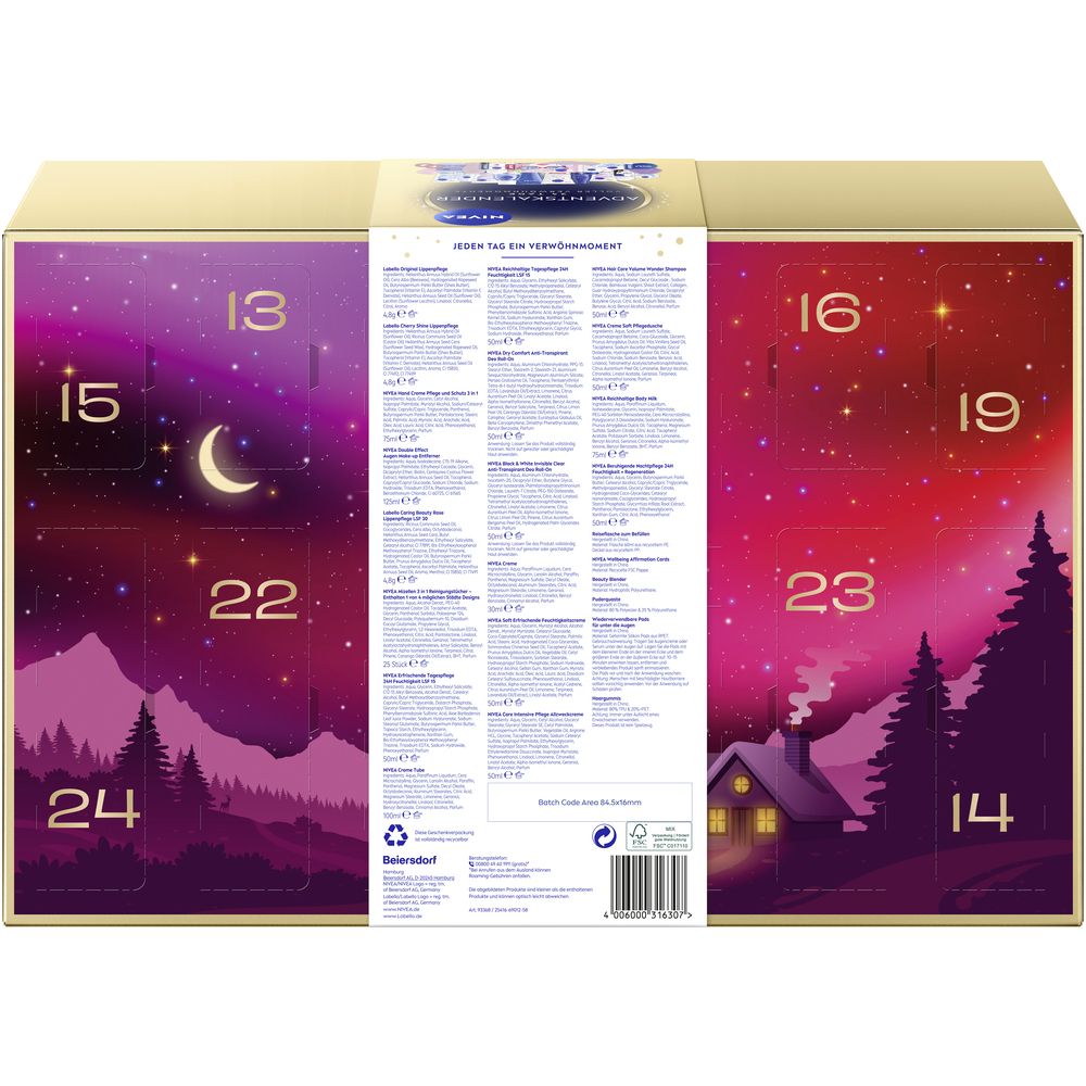 Adventskalender mit 24 Türchen, winterliche Landschaft mit Haus und Bäumen.
