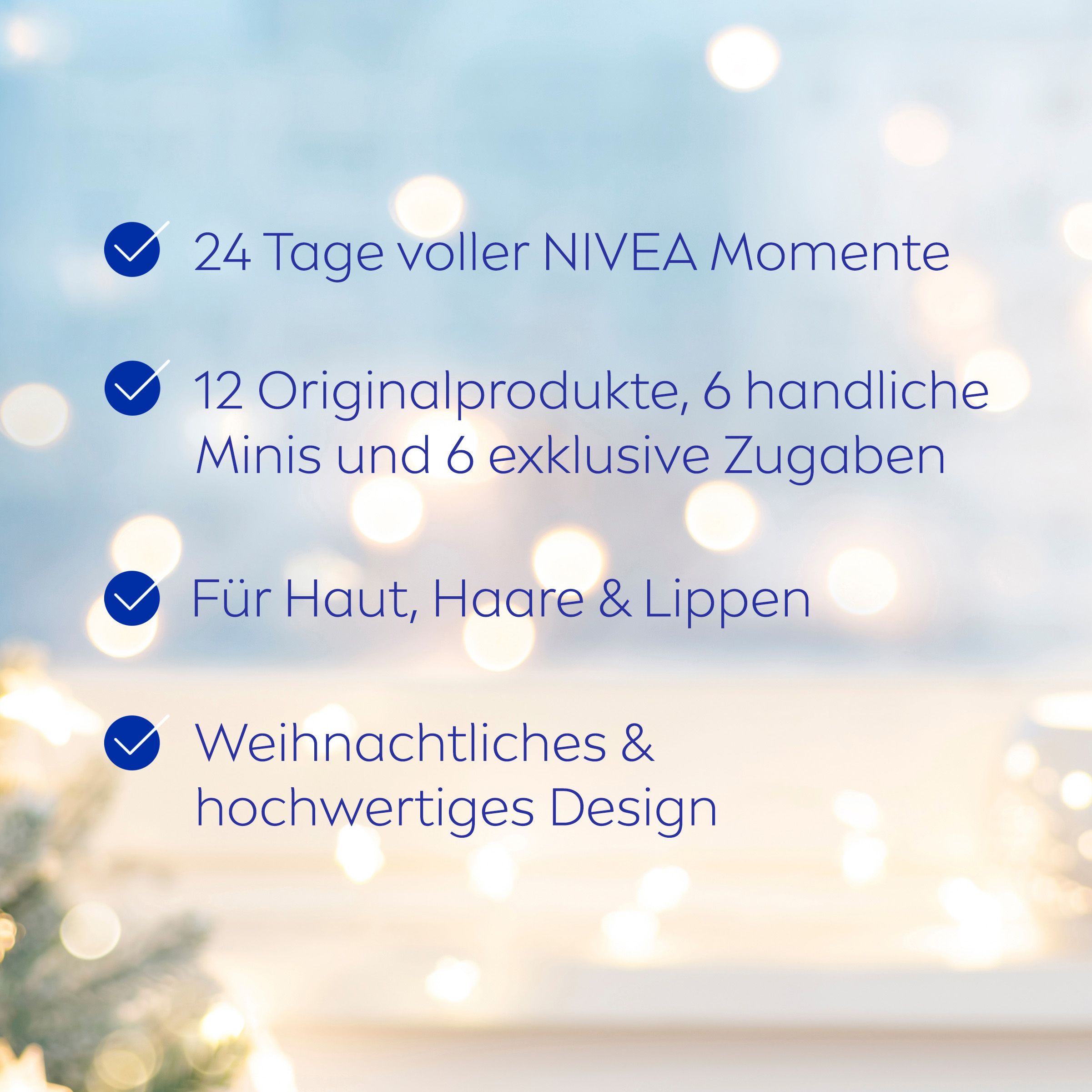 NIVEA Adventskalender geöffnet, zeigt Pflegeprodukte, Haarbürste und Haargummis. Enthält 12 Originalprodukte, 6 Minis und 6 exklusive Zugaben.