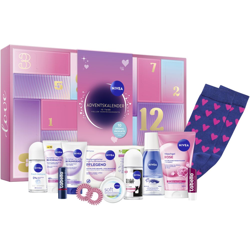 Nivea Adventskalender mit Pflegeprodukten und Socken. Enthält Deodorants, Lippenbalsam, Cremes und Haargummis.