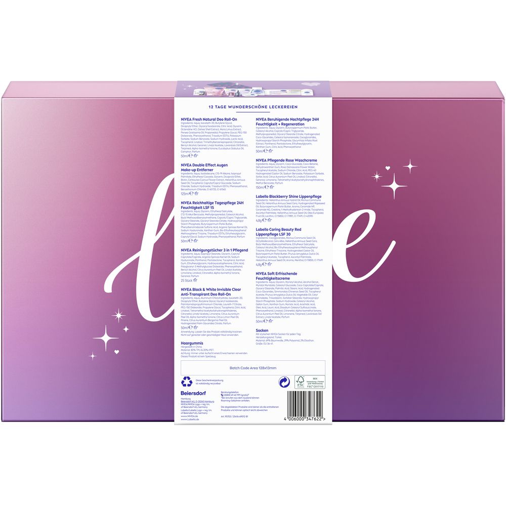 Rückseite einer Geschenkbox mit Nivea-Produkten und detaillierten Produktinformationen in mehreren Sprachen.