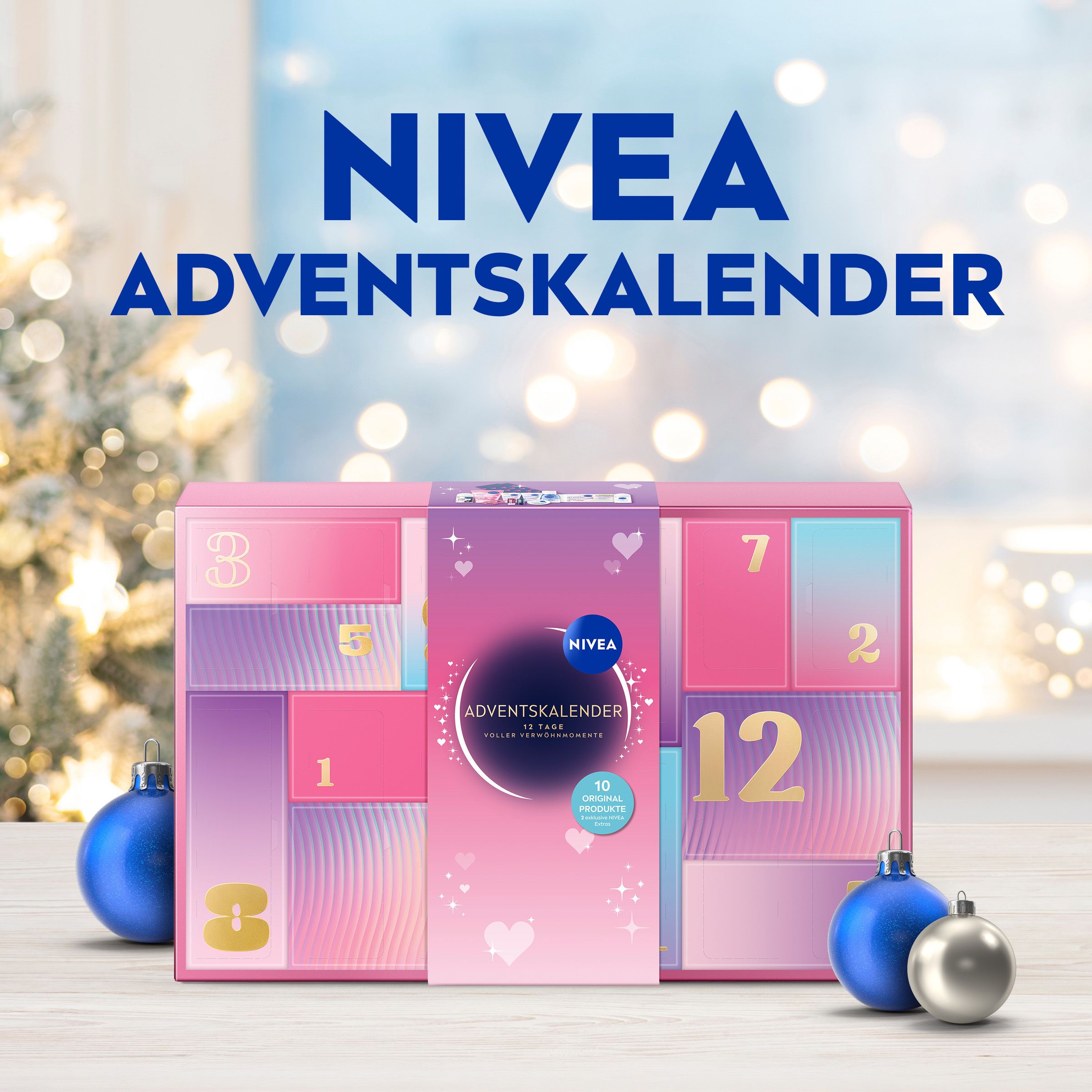 NIVEA Adventskalender mit 12 Türen, rosa und lila, mit goldenen Zahlen. Dekoriert mit Weihnachtskugeln.