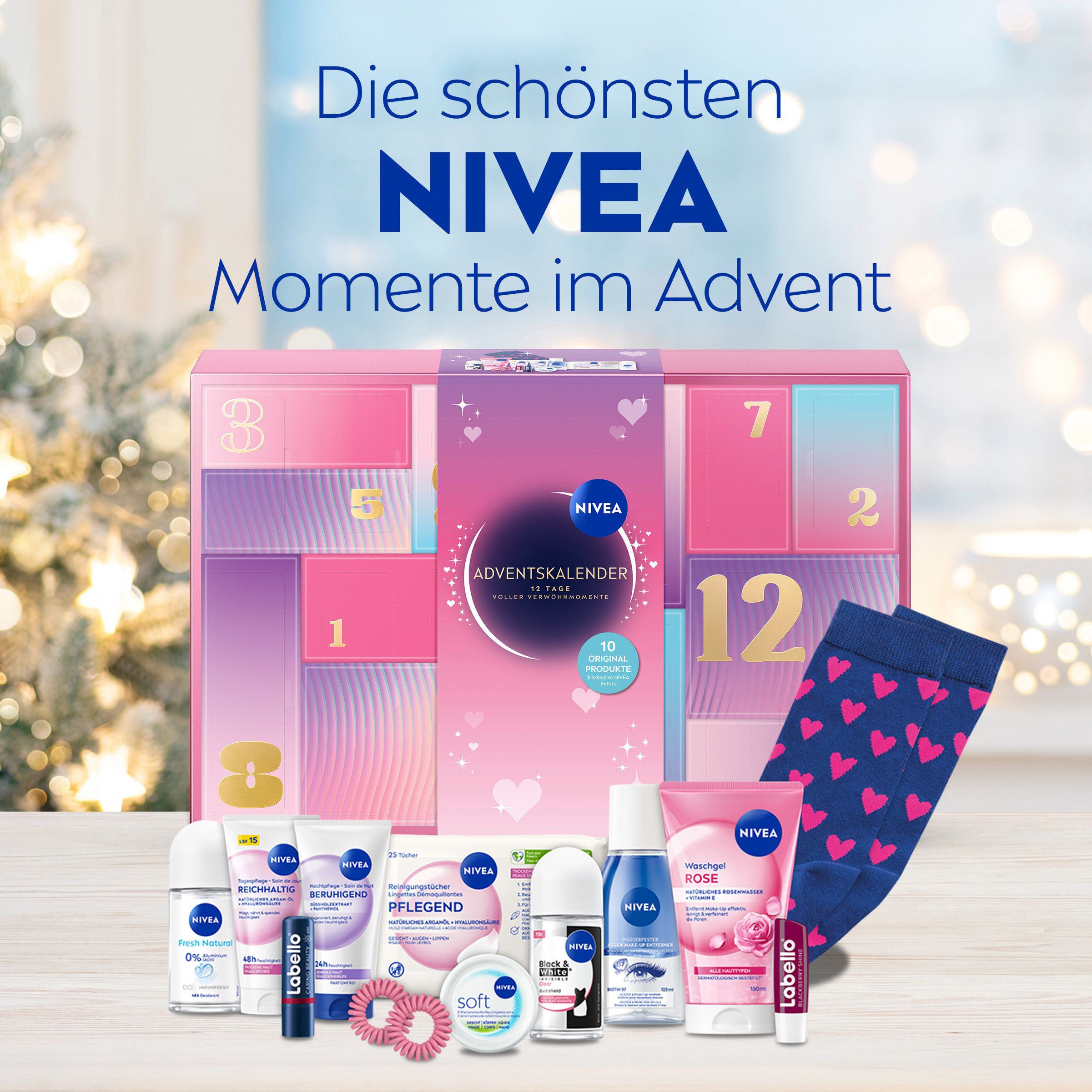 NIVEA Adventskalender mit 12 Türen, rosa und lila. Enthält Pflegeprodukte, Socken und Lippenbalsam.
