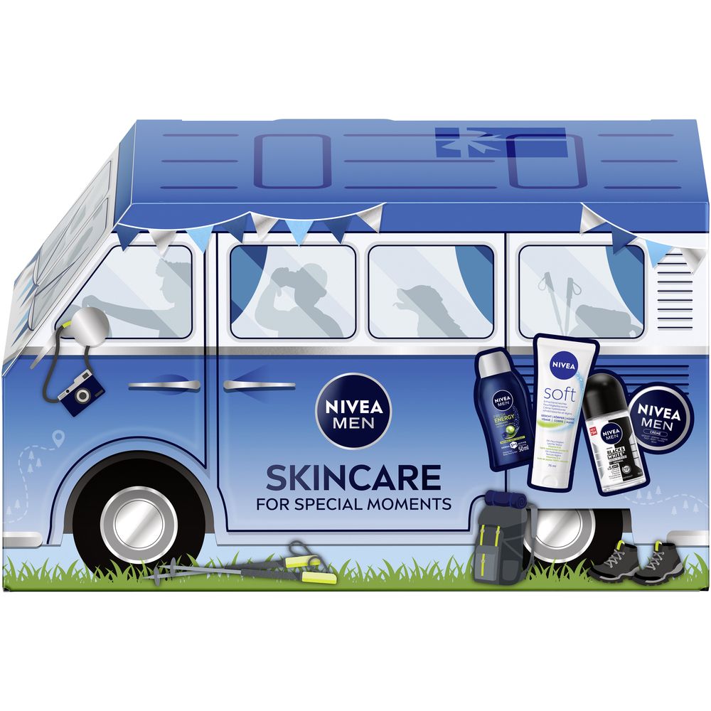 Verpackung des NIVEA Adventskalenders Mini Van Male im VW-Bus-Design mit Hautpflegeprodukten.