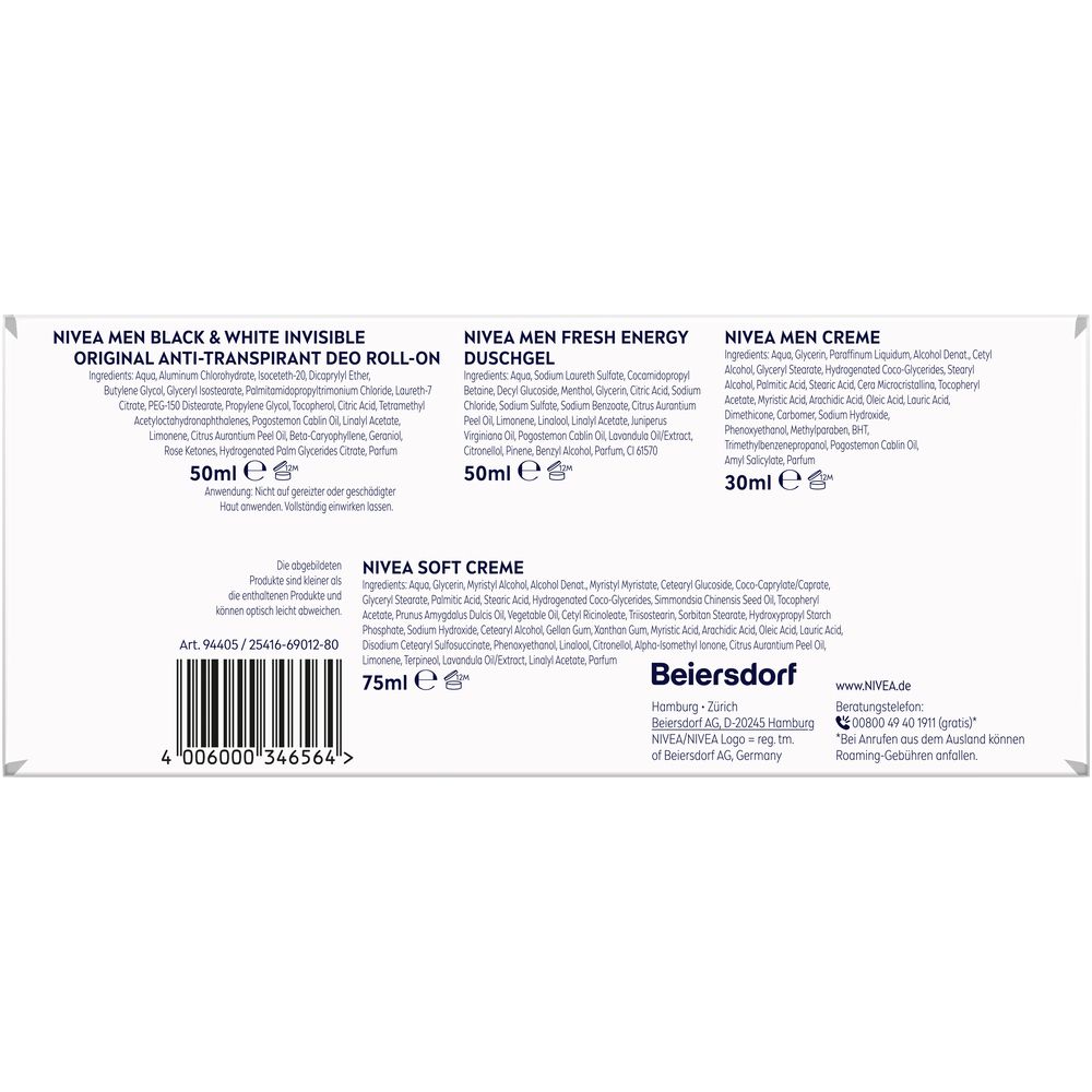 Rückseite einer Nivea Men Geschenkbox mit Produktinformationen und Inhaltsstoffen.