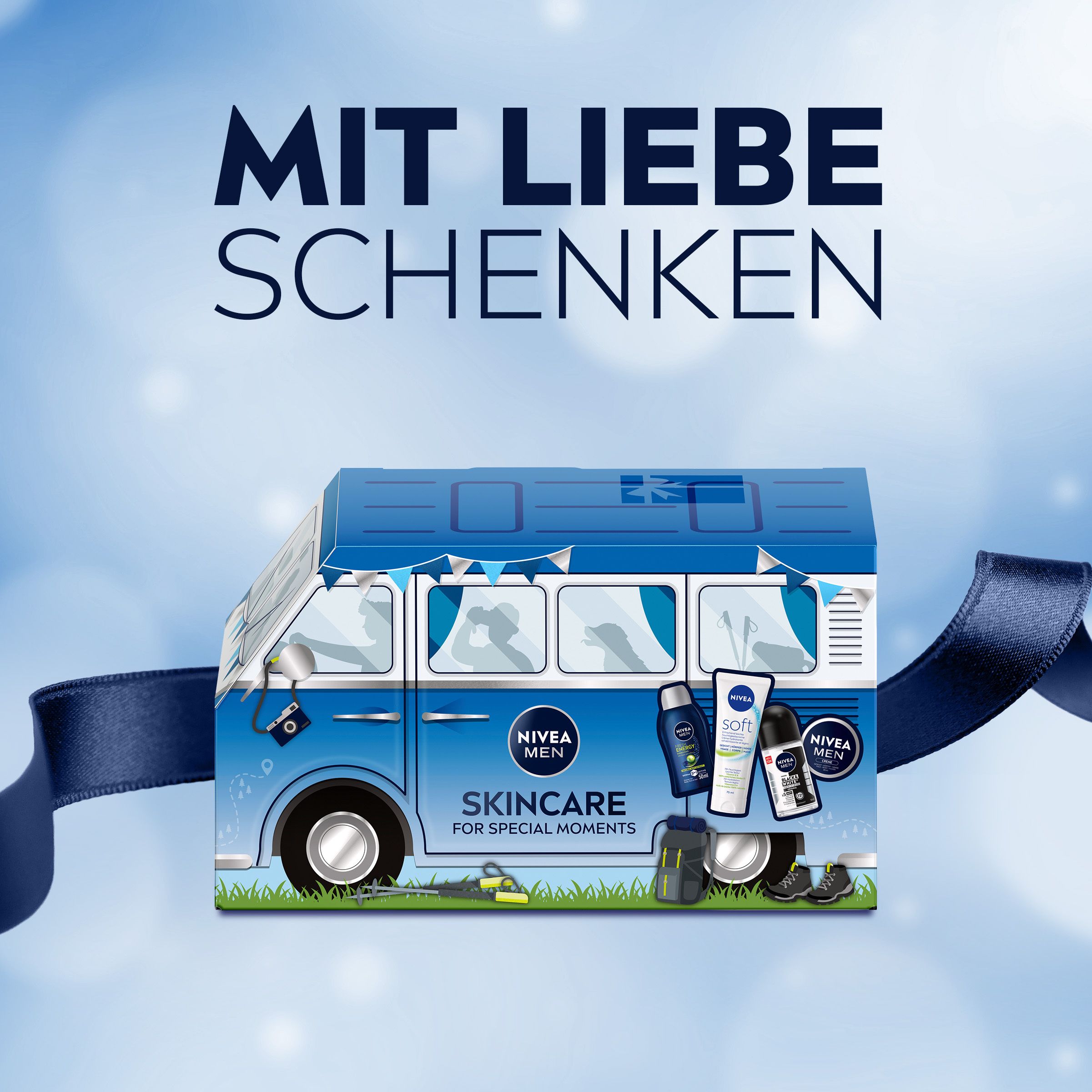 NIVEA Adventskalender Mini Van Male mit Hautpflegeprodukten: Gesichtscreme, Deo Roll-on, Duschgel und Creme.