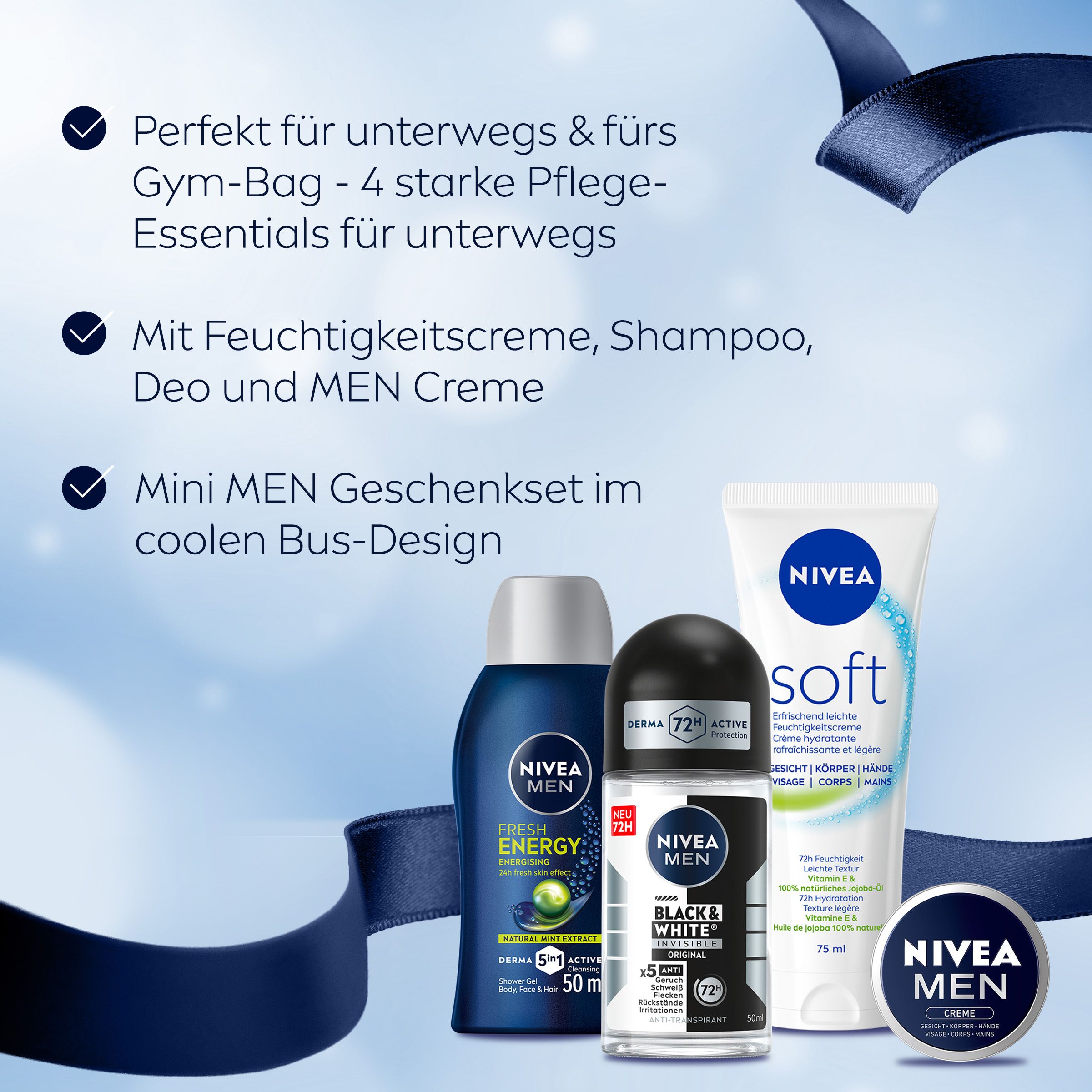 NIVEA Adventskalender Mini Van Male mit Hautpflegeprodukten: Gesichtscreme, Deo Roll-on, Duschgel und Creme.