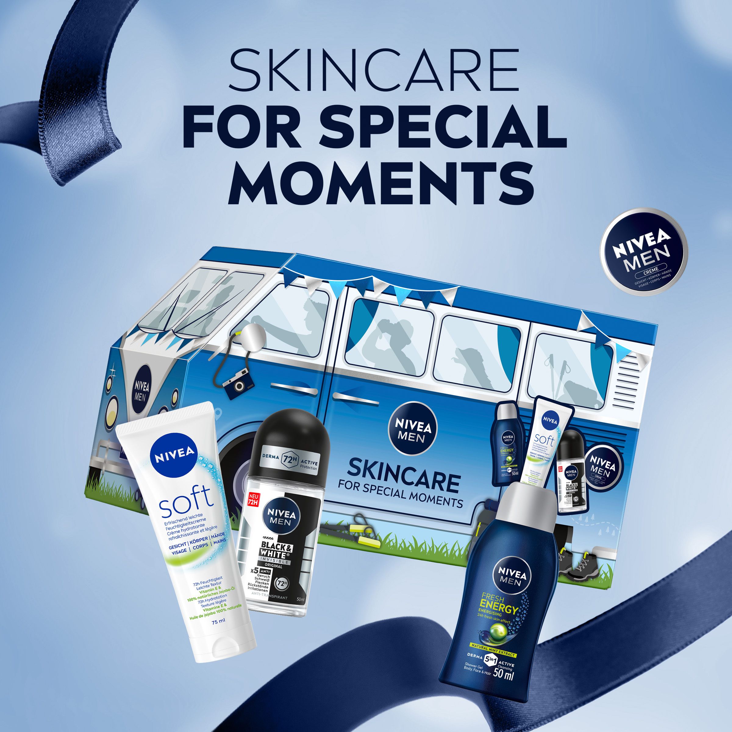 NIVEA Adventskalender Mini Van Male mit Hautpflegeprodukten: Gesichtscreme, Deo Roll-on, Duschgel und Creme.