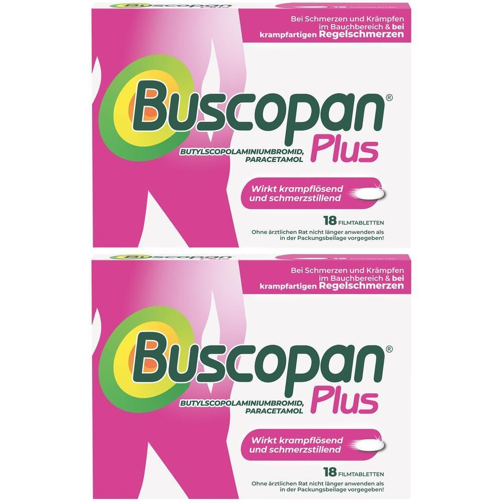 Zwei Packungen Buscopan Plus Filmtabletten mit 18 Stück.