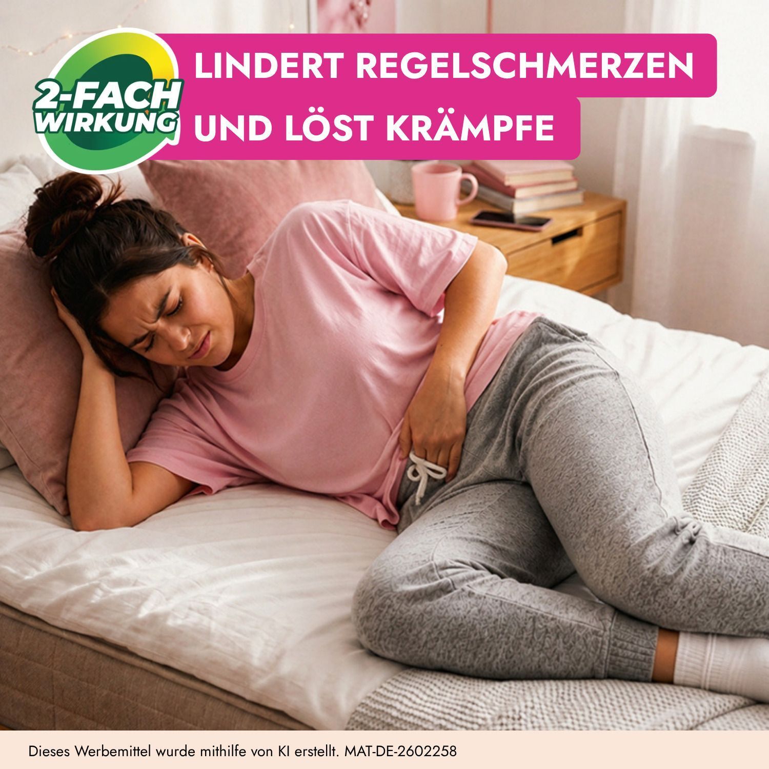 Frau liegt mit Bauchschmerzen auf einem Bett.