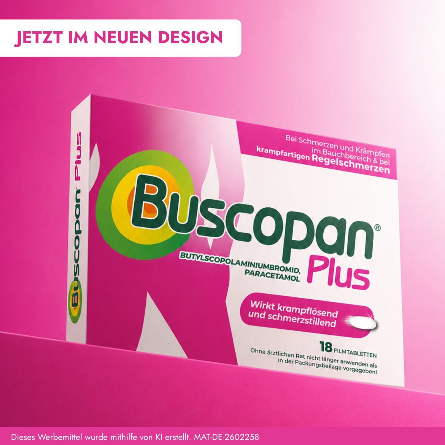Packung Buscopan Plus Filmtabletten im neuen Design.