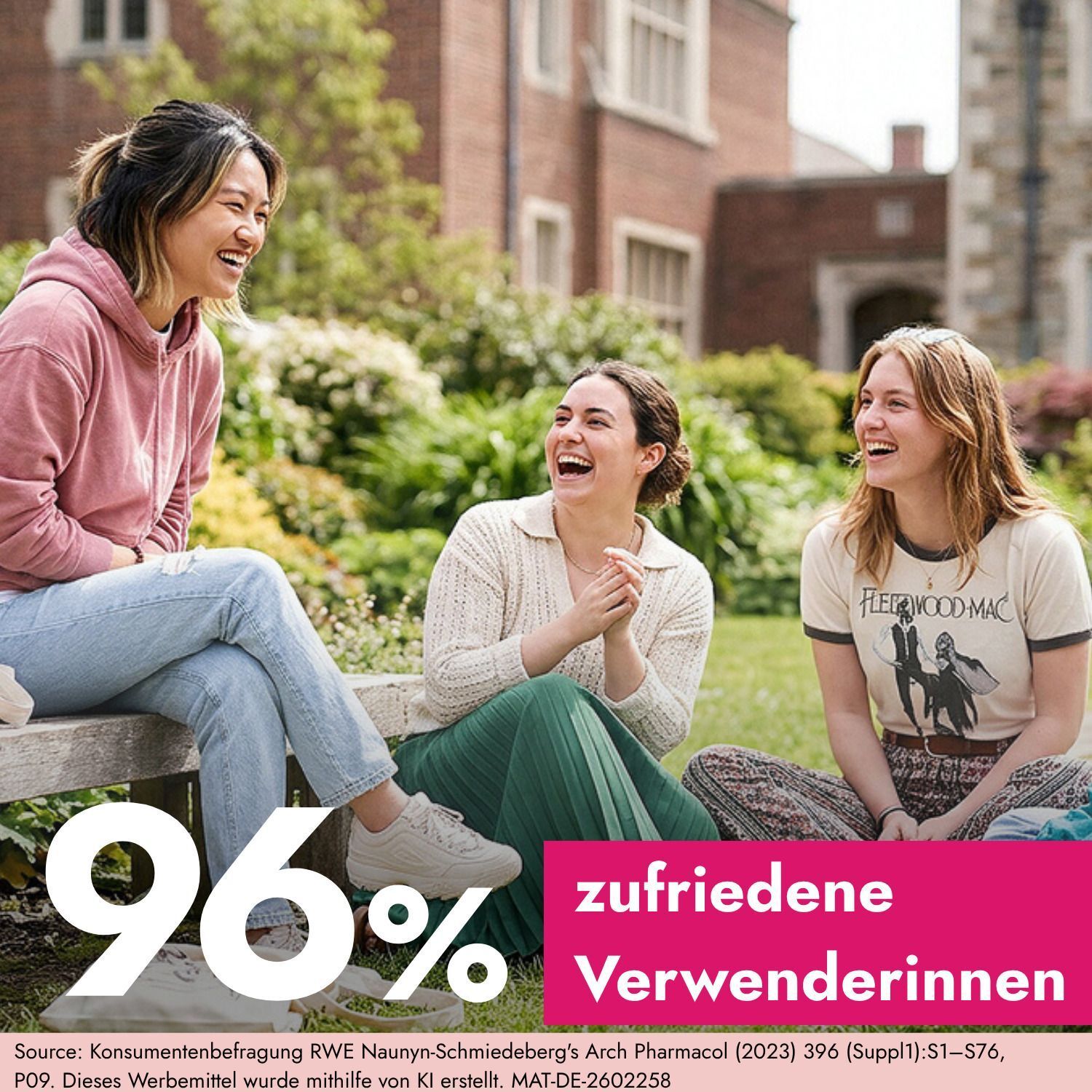 Drei lachende Frauen sitzen auf einer Bank im Freien.