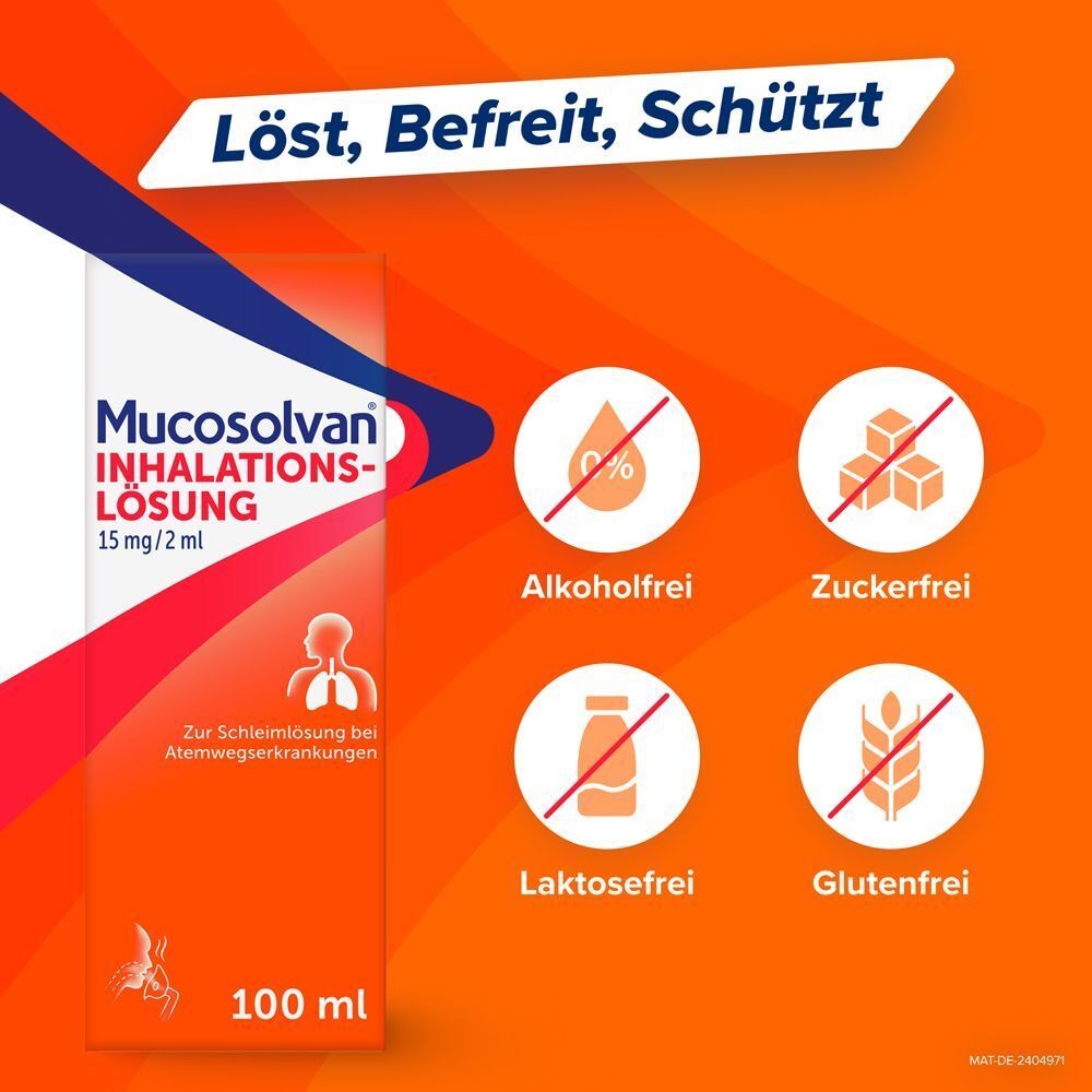 Packung MUCOSOLVAN Inhalationslösung 100 ml. Symbole für alkoholfrei, zuckerfrei, laktosefrei, glutenfrei.
