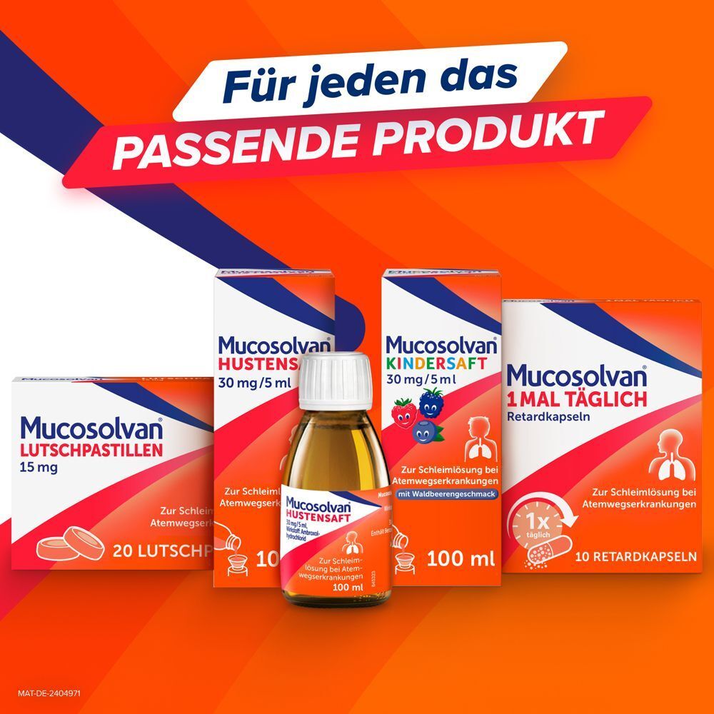 Verschiedene MUCOSOLVAN Produkte: Lutschpastillen, Hustensaft, Kindersaft, Retardkapseln.