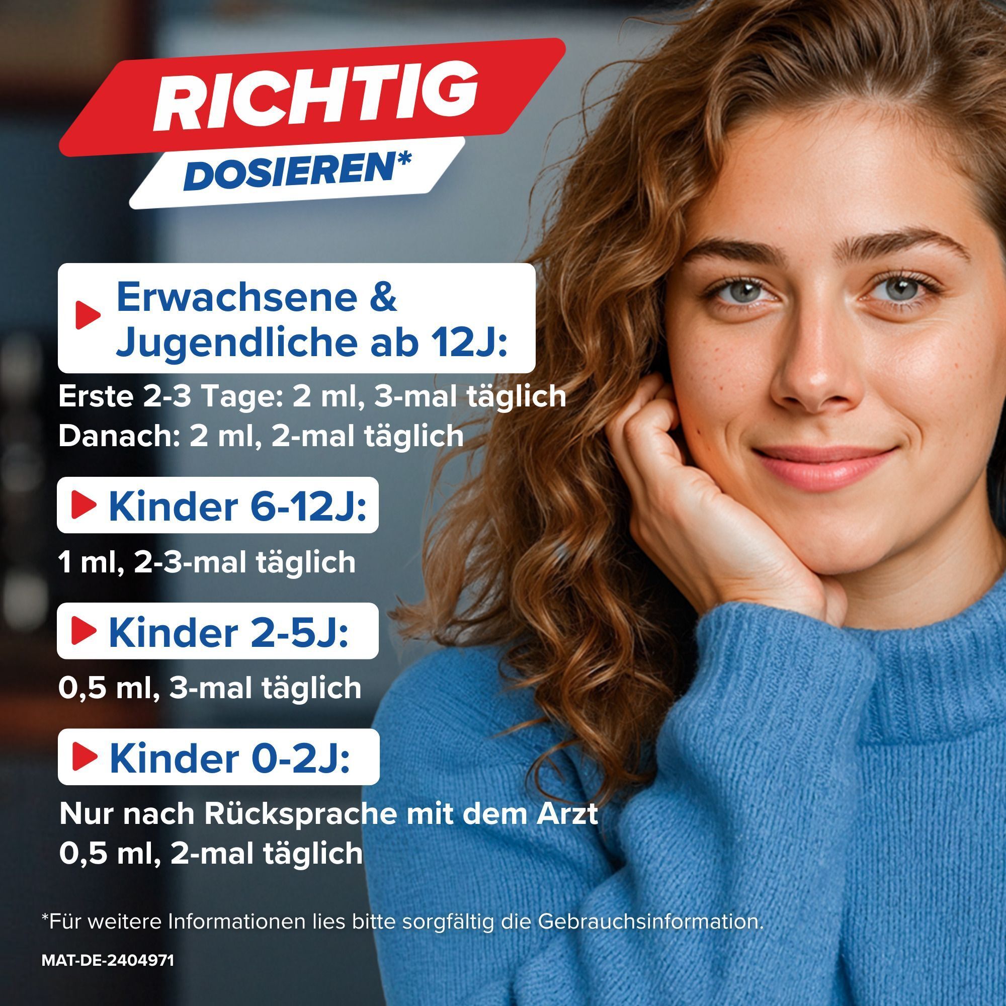 Junge Frau neben Dosierungsinformationen für Mucosolvan Tropfen.