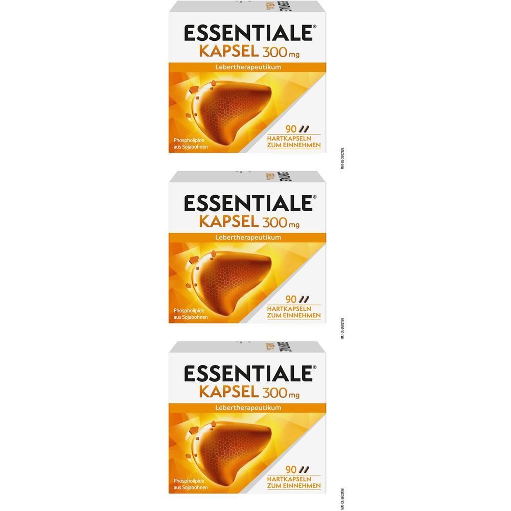 Drei Packungen ESSENTIALE Kapsel 300 mg mit Leberabbildung.