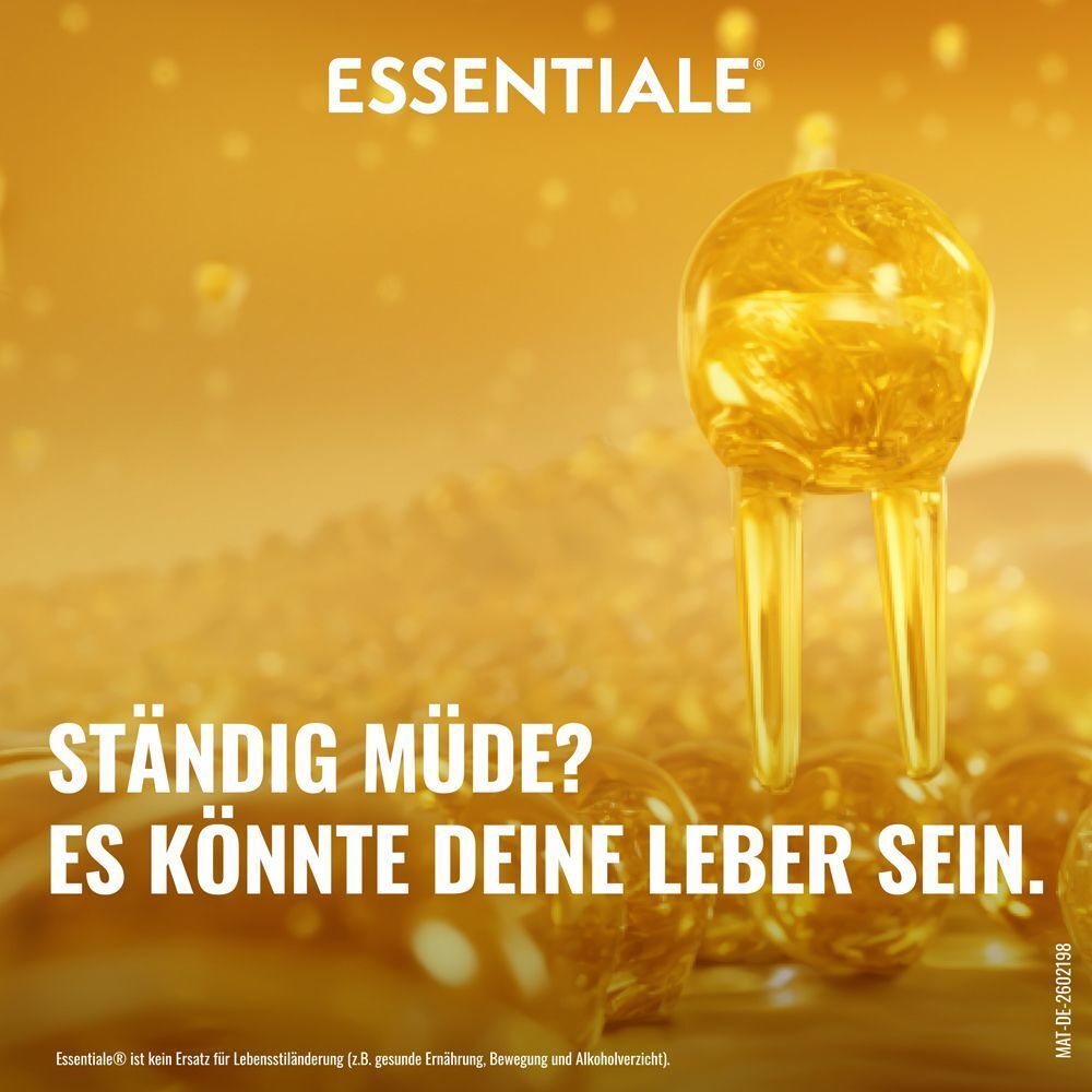 ESSENTIALE: Gelkapsel vor goldenem Hintergrund mit Blasen.