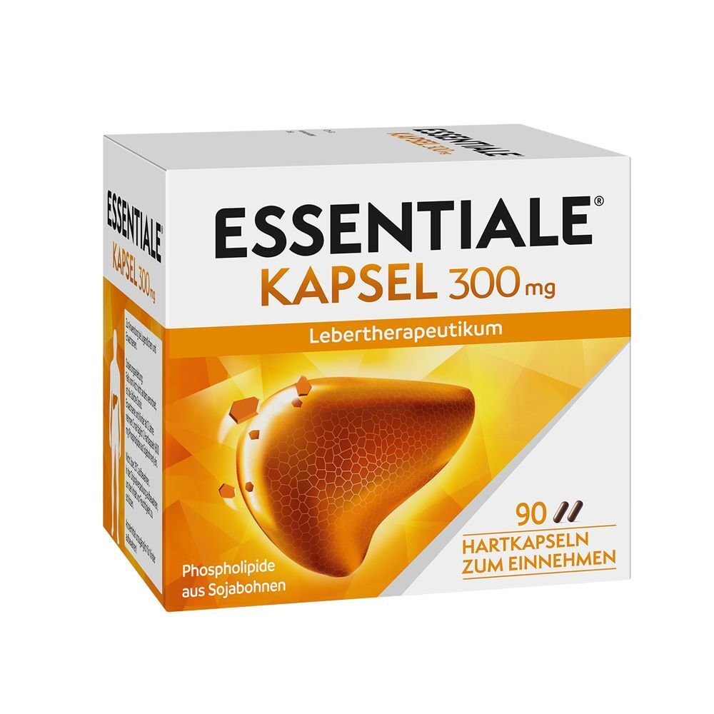 Packung ESSENTIALE Kapsel 300 mg mit Leberabbildung und Text.