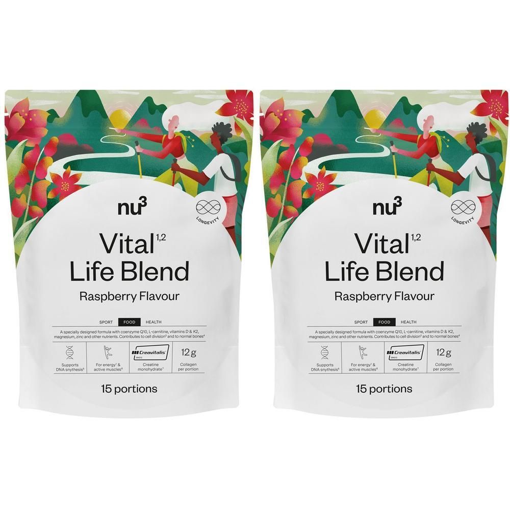 Zwei Beutel nu3 Vital Life Blend Himbeergeschmack mit Berg- und Blumenmotiv.