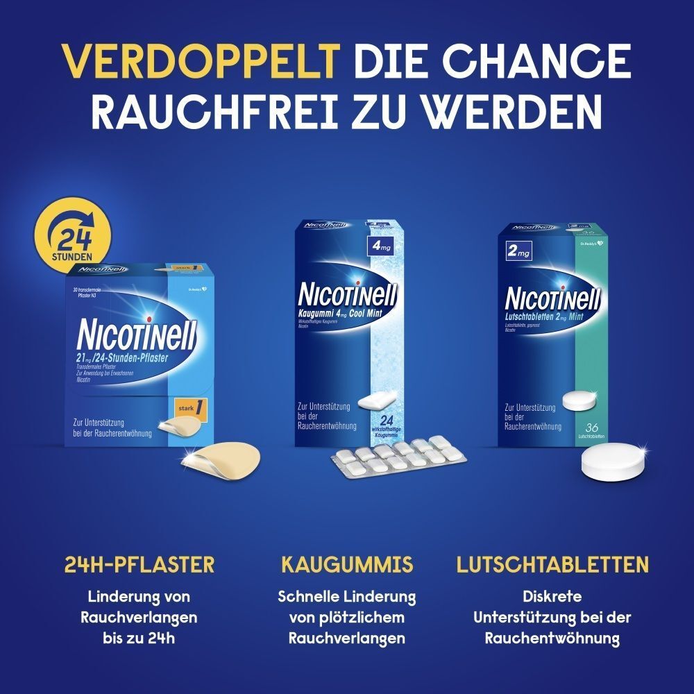 Nicotinell® 24h-Pflaster, Kaugummis und Lutschtabletten zur Raucherentwöhnung.