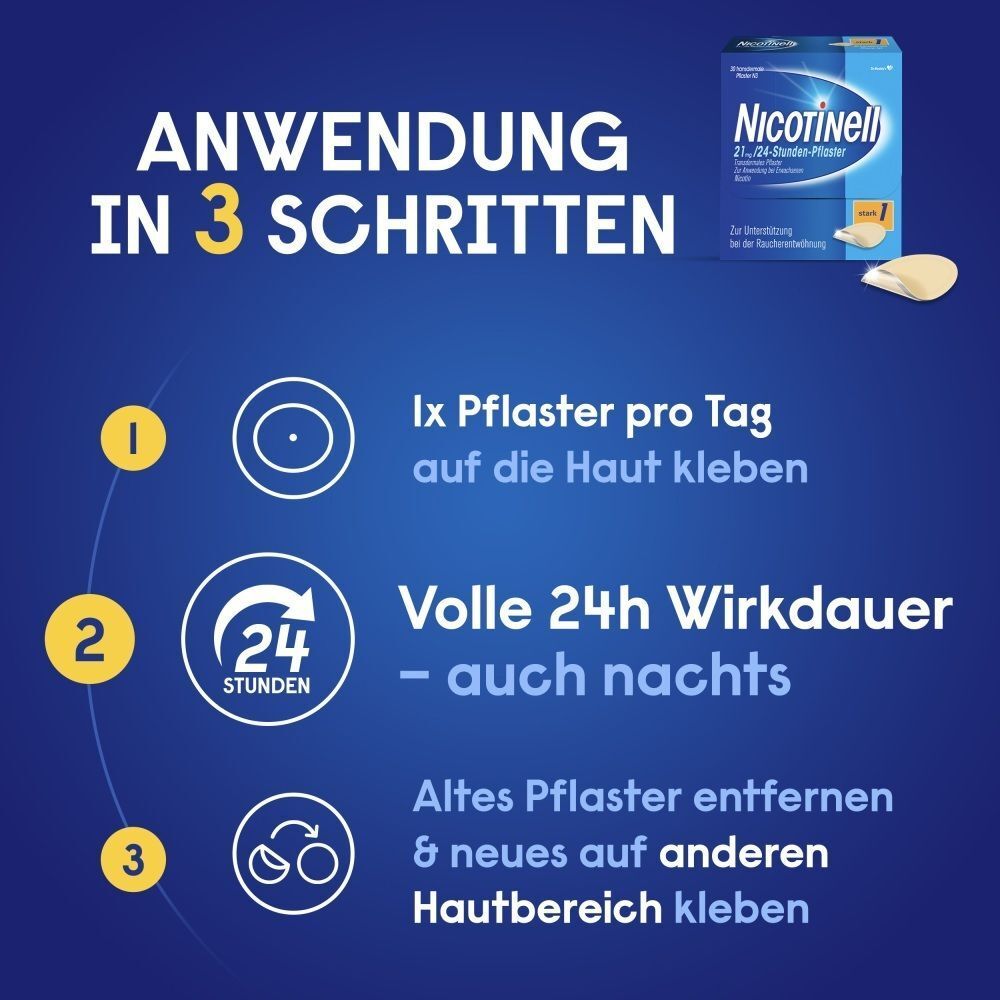 Anwendung von Nicotinell® 24h-Pflaster in drei Schritten.