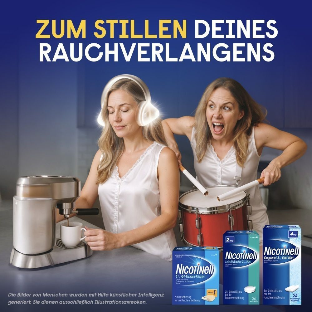Frauen mit Kopfhörern und Trommelstöcken, mit Nicotinell® Produkten.