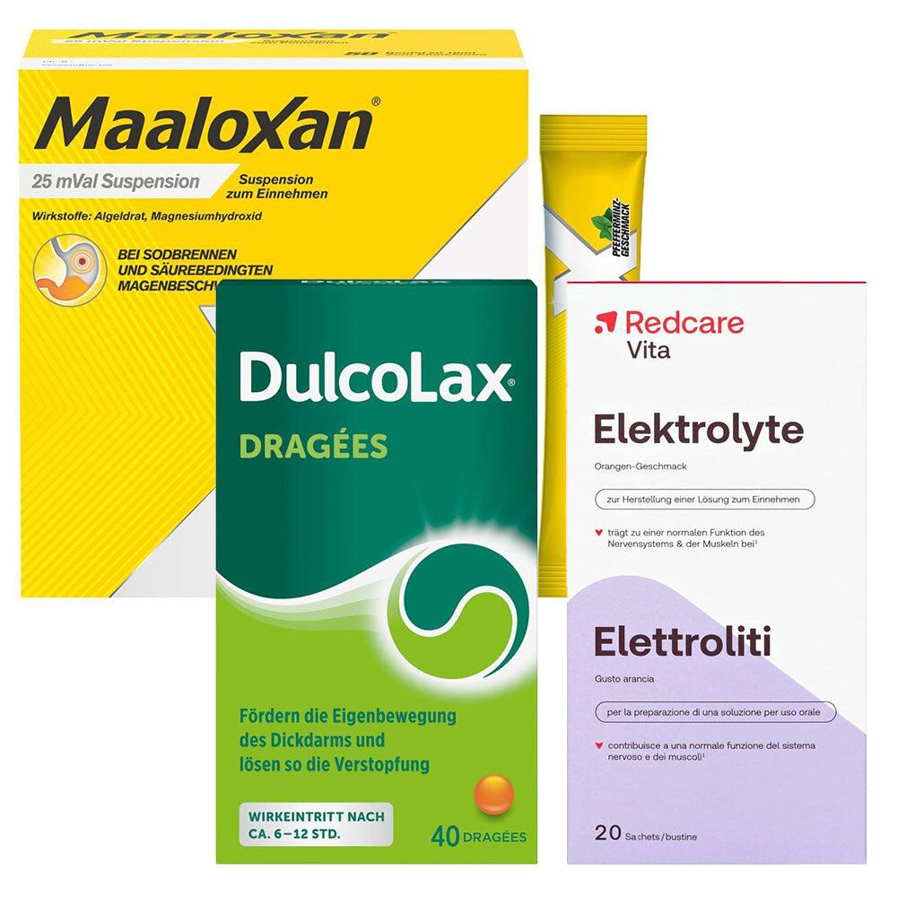 Dulcolax Dragees 5 mg magensaftres.Tabletten + Maaloxan 25 mVal Suspension Redcare Elekt 1 St Set