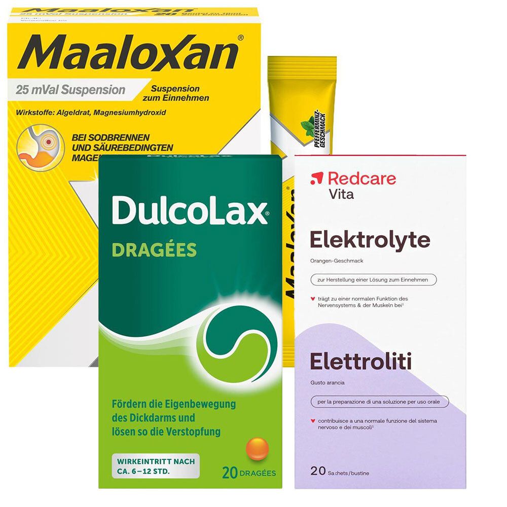 Dulcolax Dragees 5 mg magensaftres.Tabletten + Maaloxan 25 mVal Suspension Redcare Elekt 1 St Set