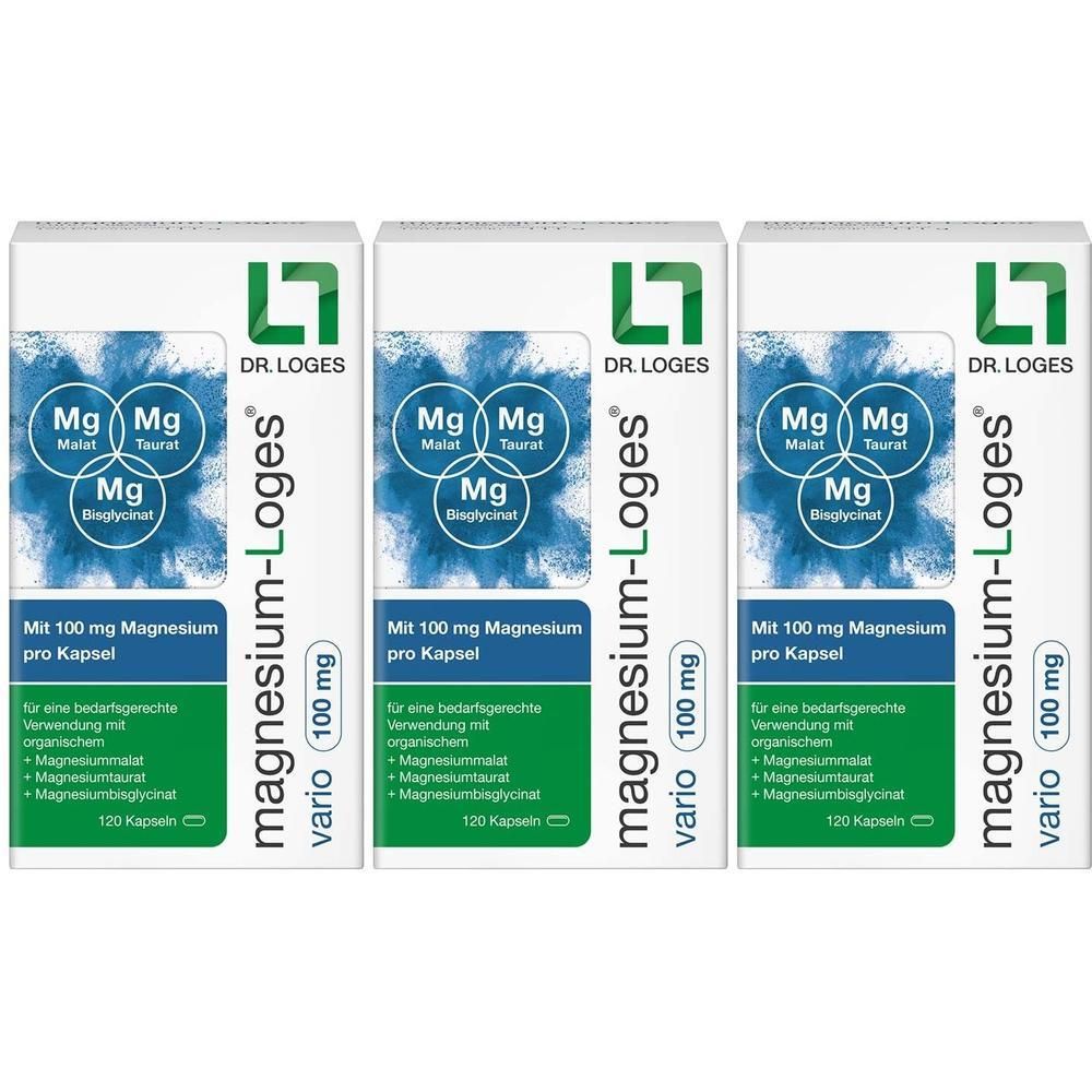 Drei Packungen Magnesium-Loges vario 100 mg Kapseln mit Mg-Symbolen und Produktinformationen.