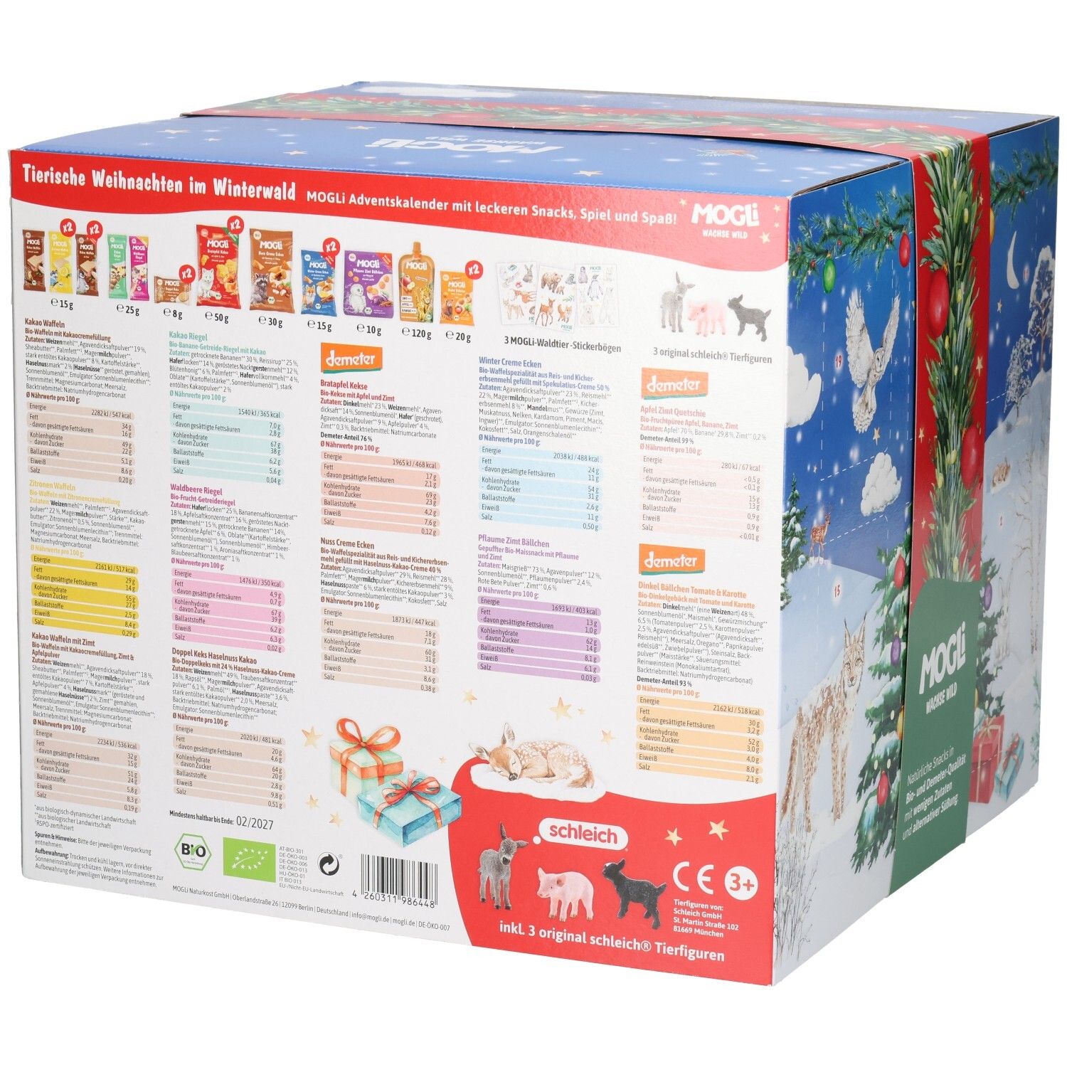 Mogli Adventskalender mit Tierfiguren und Snacks. Enthält 3 Schleich Tierfiguren.