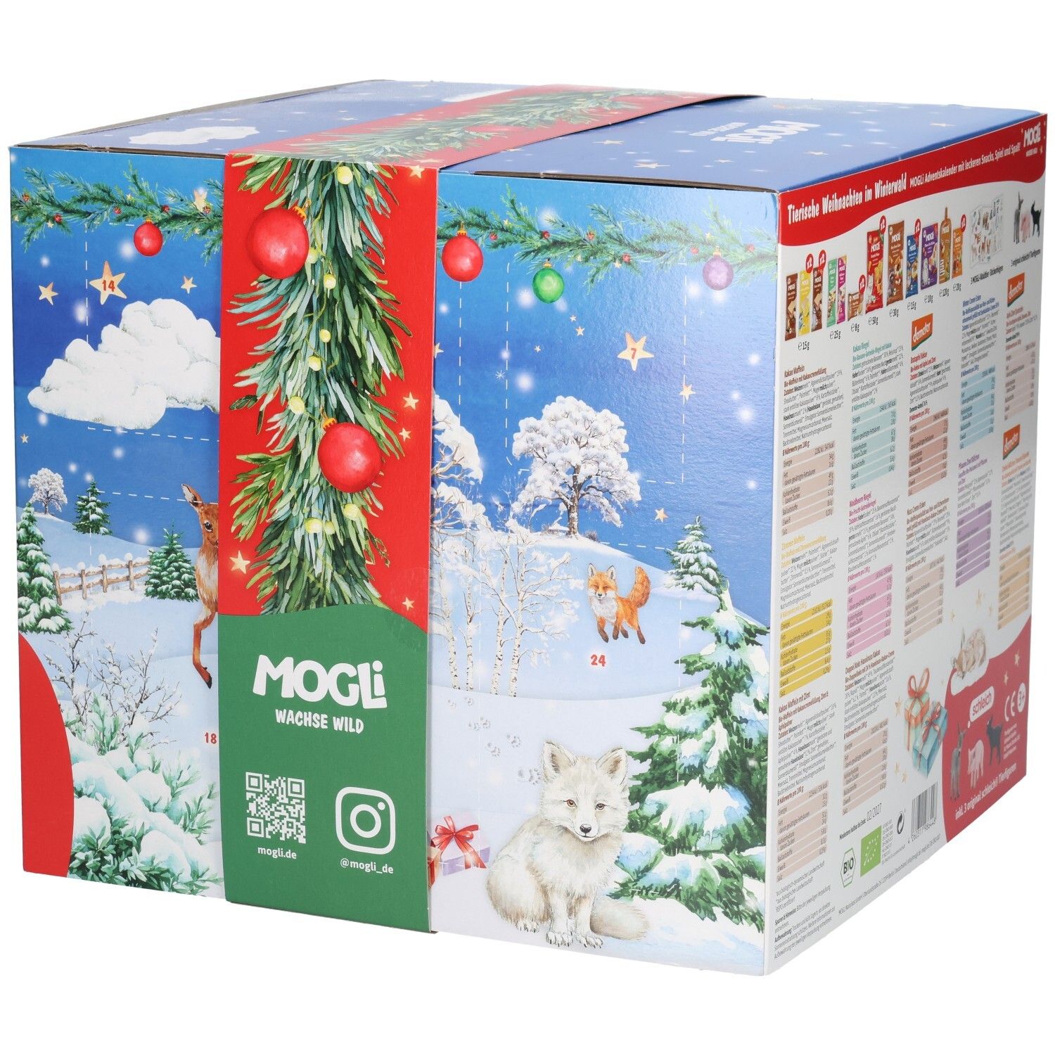 Ein weihnachtlicher Adventskalender von Mogli, gestaltet mit einer Winterlandschaft und Tieren.