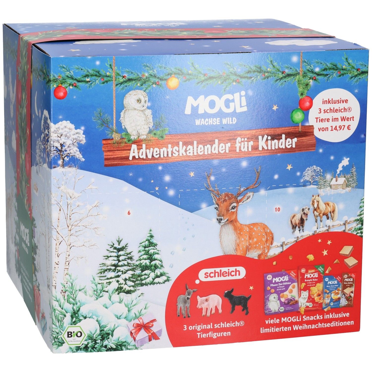 Mogli Adventskalender für Kinder mit Waldtieren und Mogli Snacks.