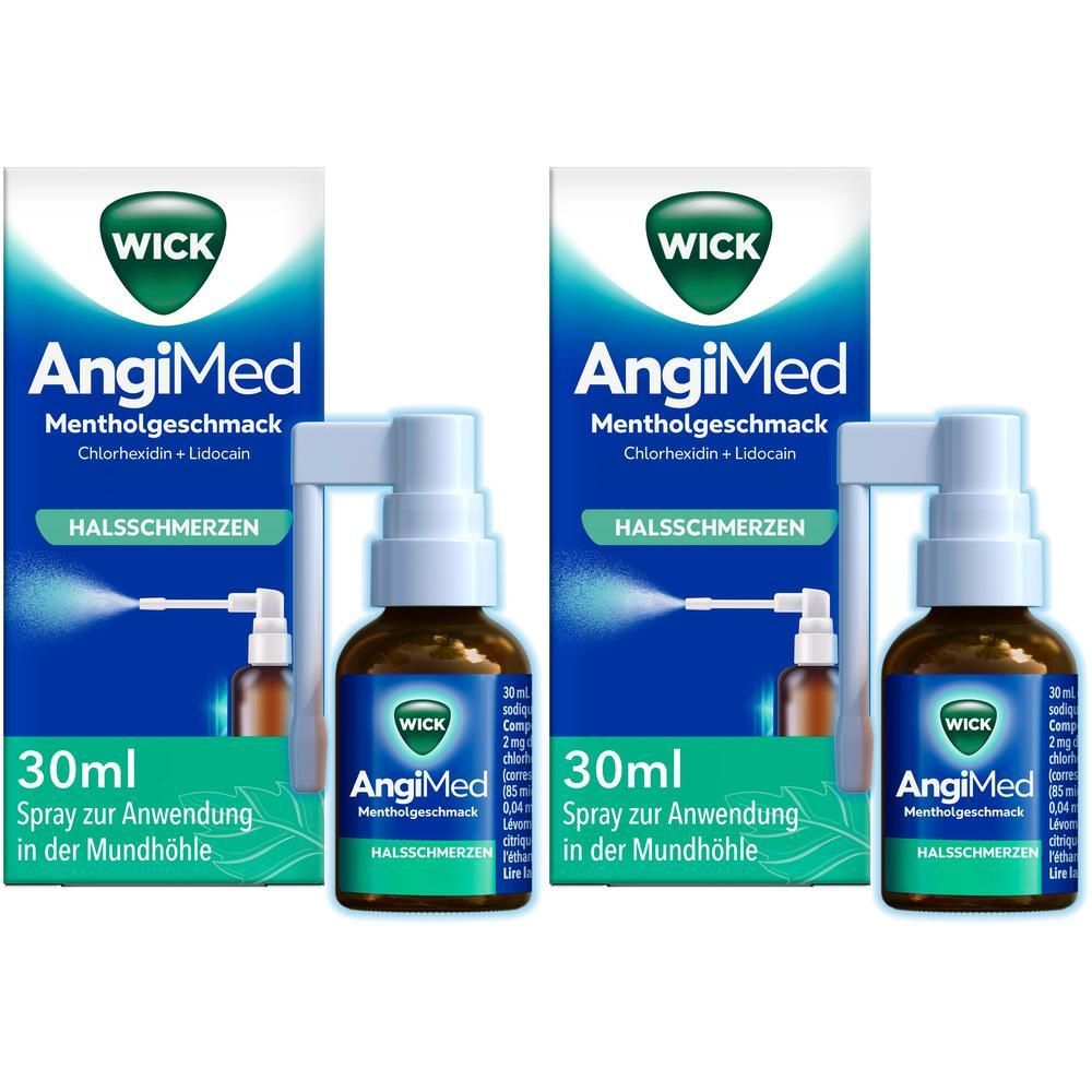 Zwei Packungen Wick AngiMed Halsschmerzspray mit Mentholgeschmack, 30ml.