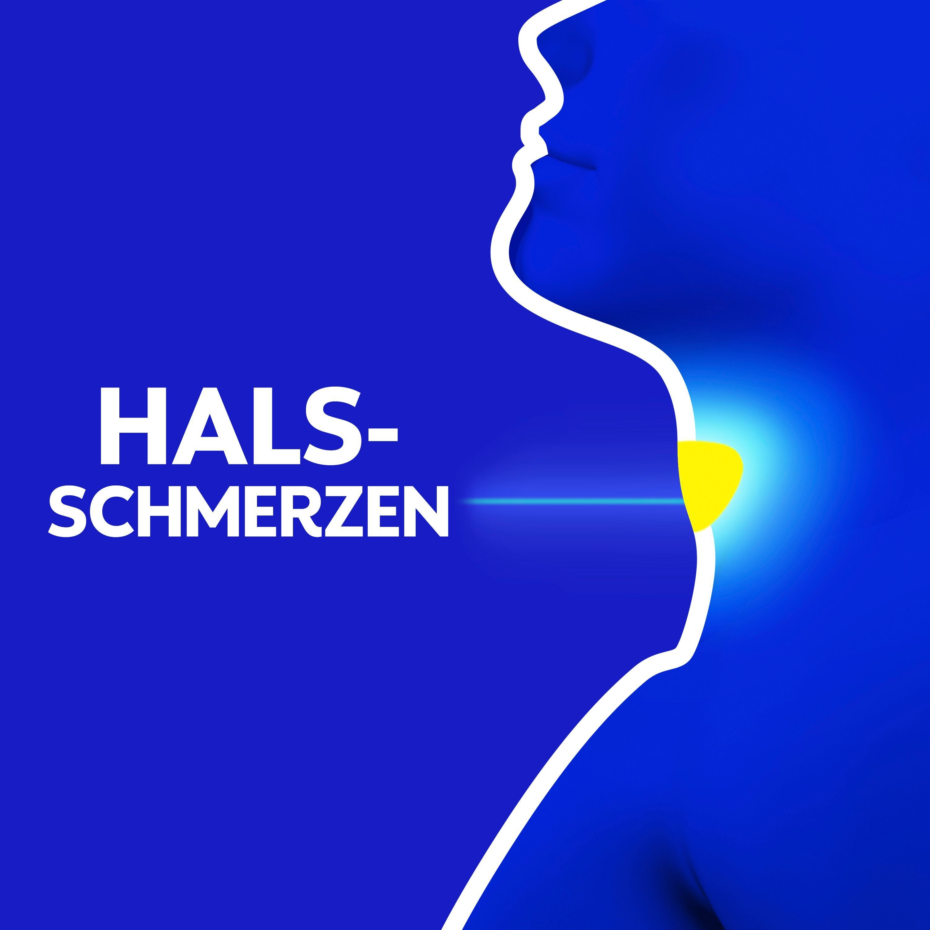Mann mit geschlossenen Augen, der sich an den Hals fasst, mit leuchtendem Bereich am Hals und Text "Bekämpft Schmerz & Ursache".