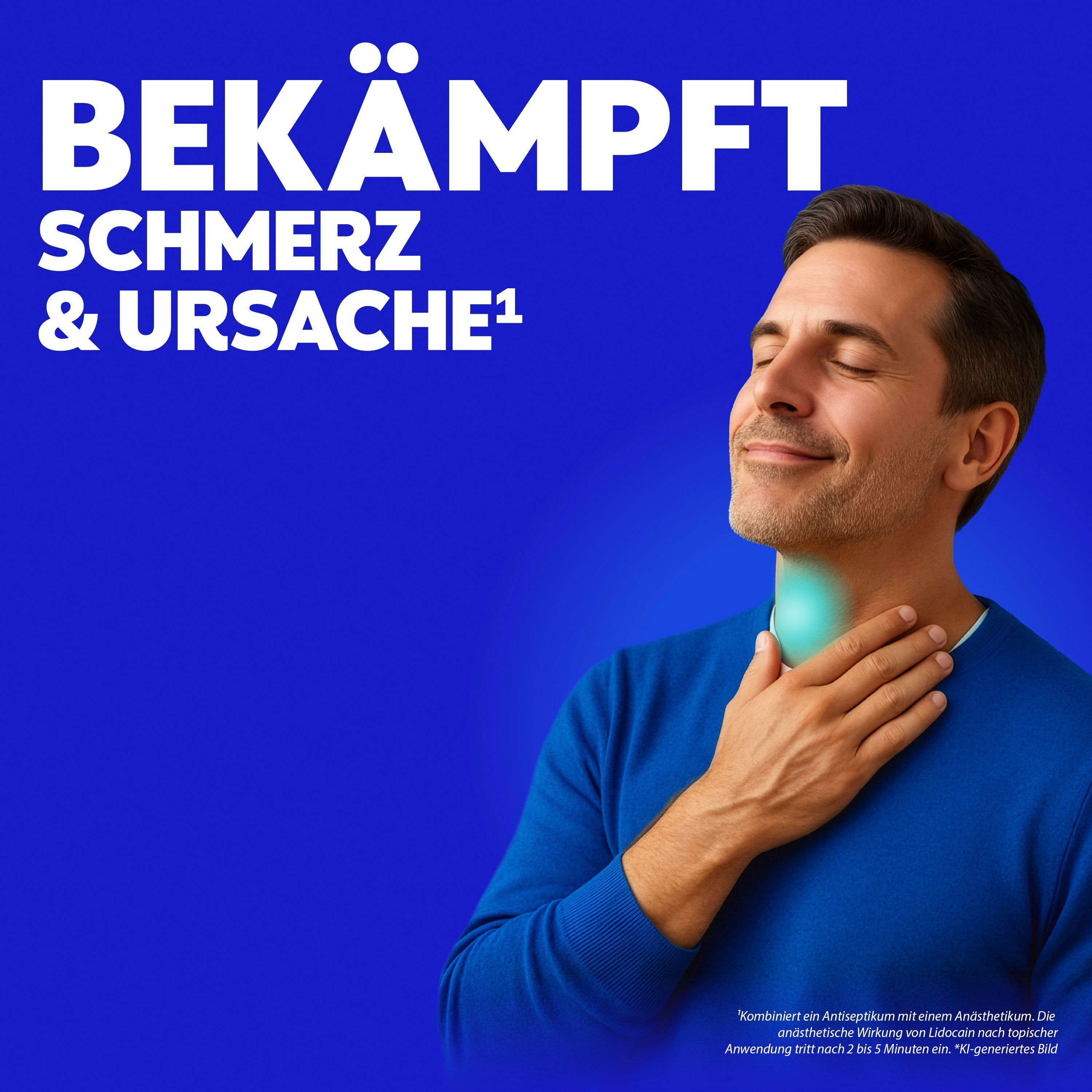 Mann mit geschlossenen Augen hält sich die schmerzende Kehle. Blauer Hintergrund mit deutscher Textwerbung.