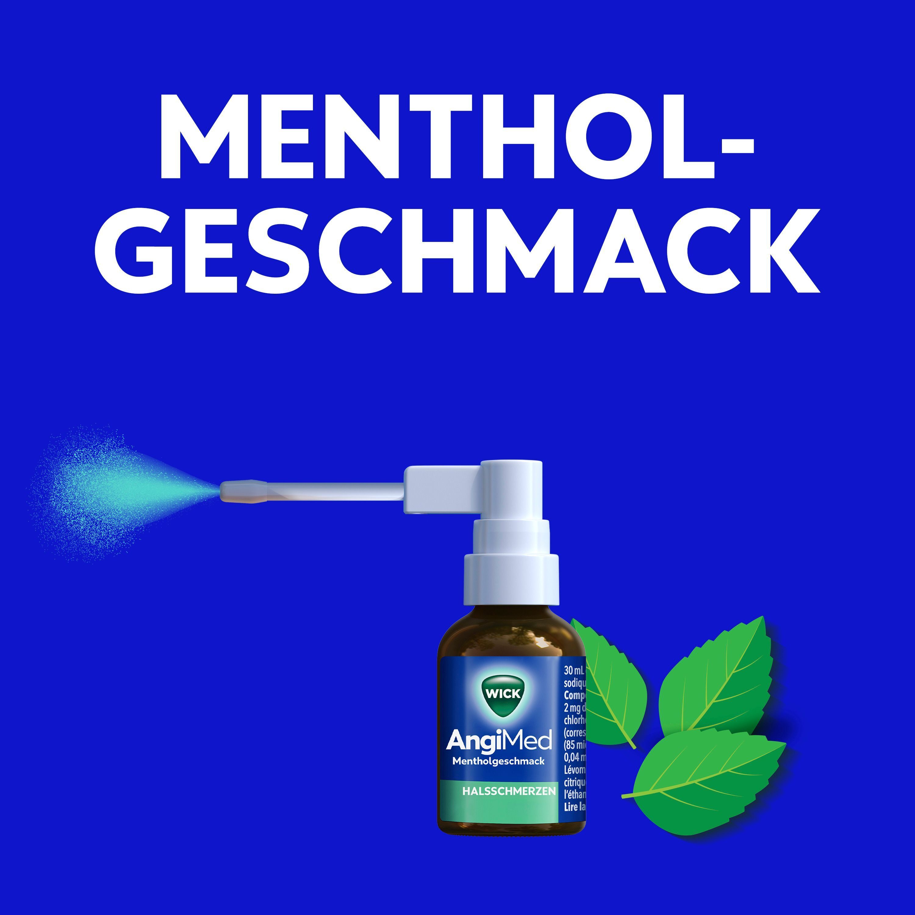 Hals-Spray mit Mentholgeschmack, mit Minzblättern.