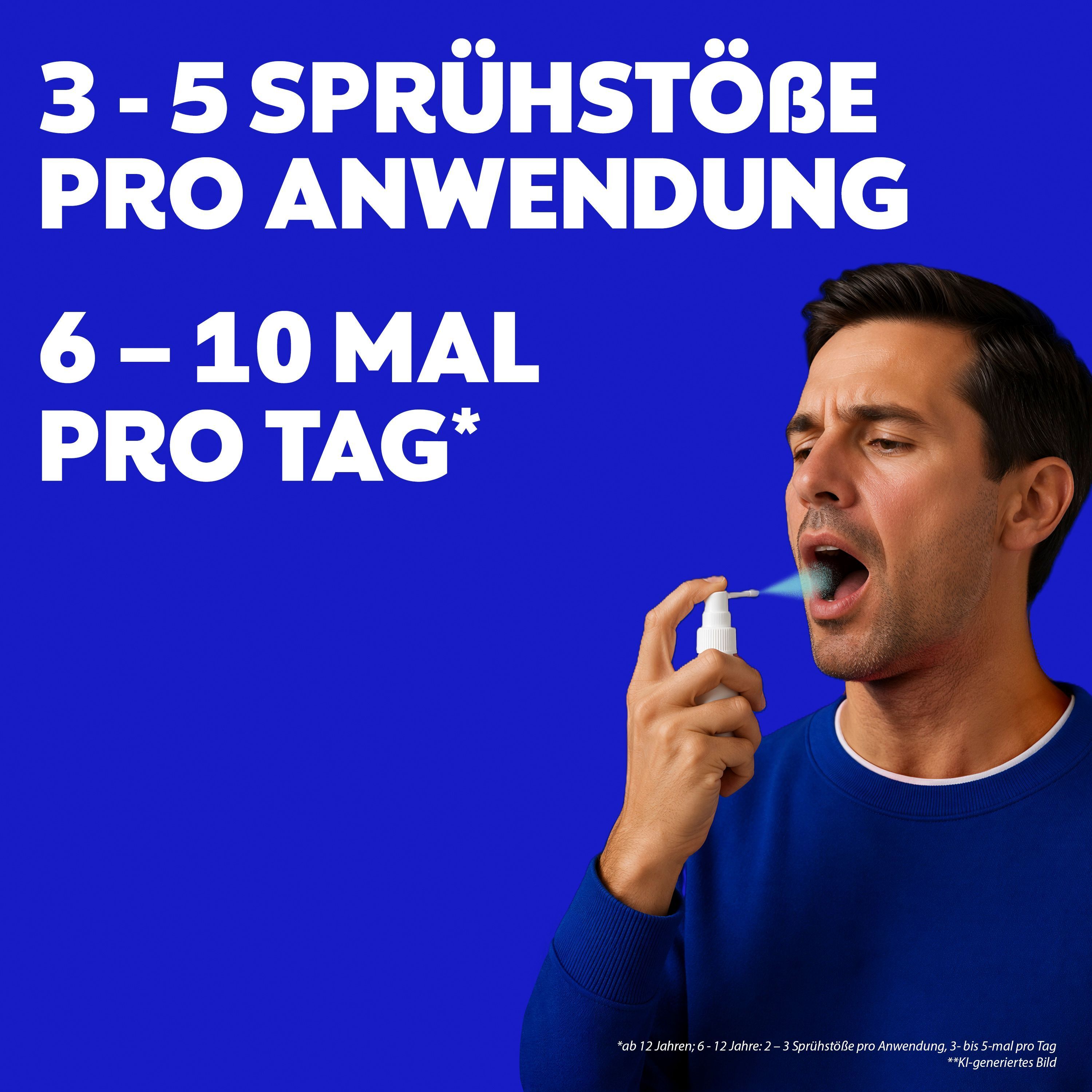Mann wendet Wick AngiMed Halsspray an. Text: 3-5 Sprühstöße pro Anwendung, 6-10 Mal pro Tag.