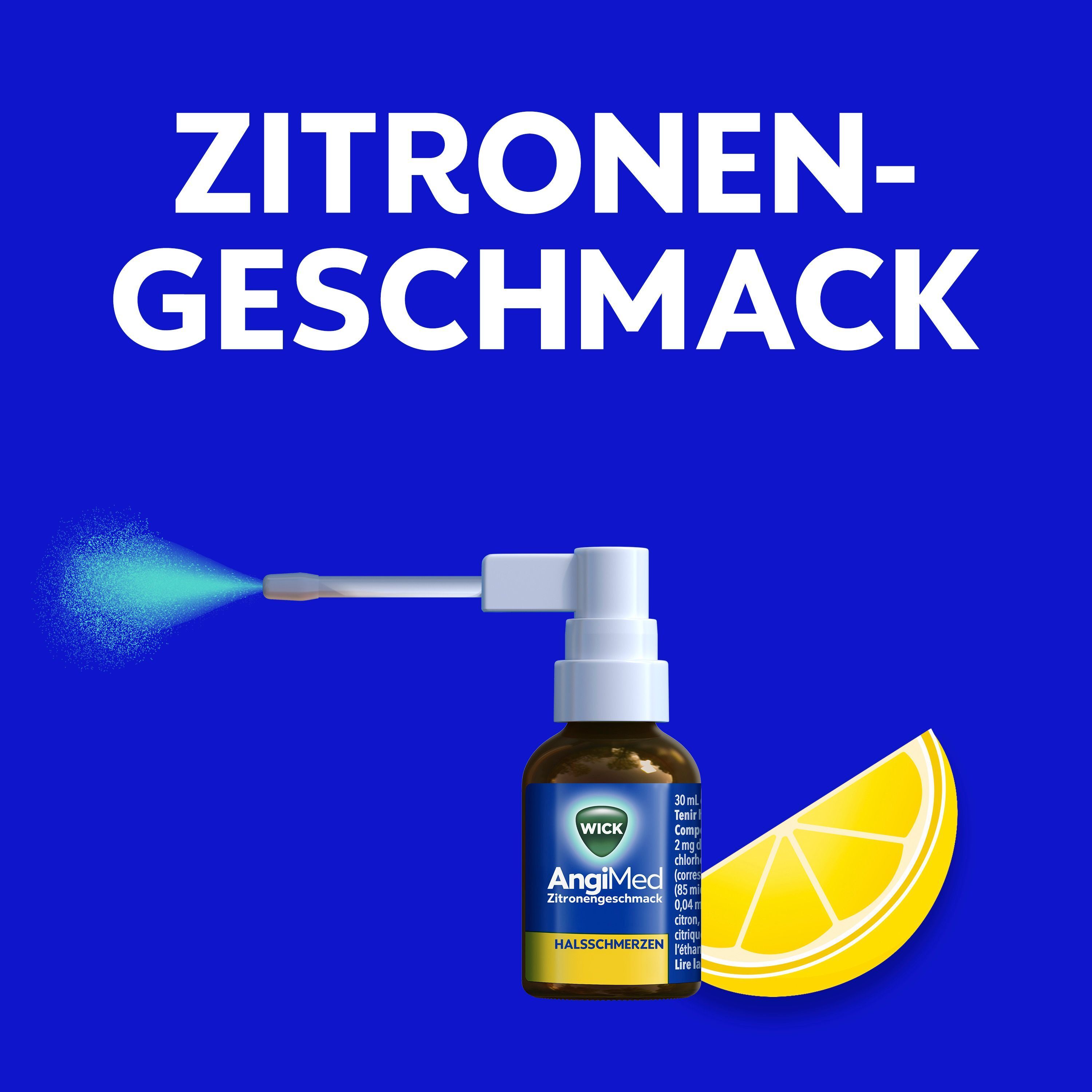 Wick AngiMed Halsschmerzspray mit Zitronengeschmack, 30ml Flasche mit Sprühkopf und Zitronenscheibe.