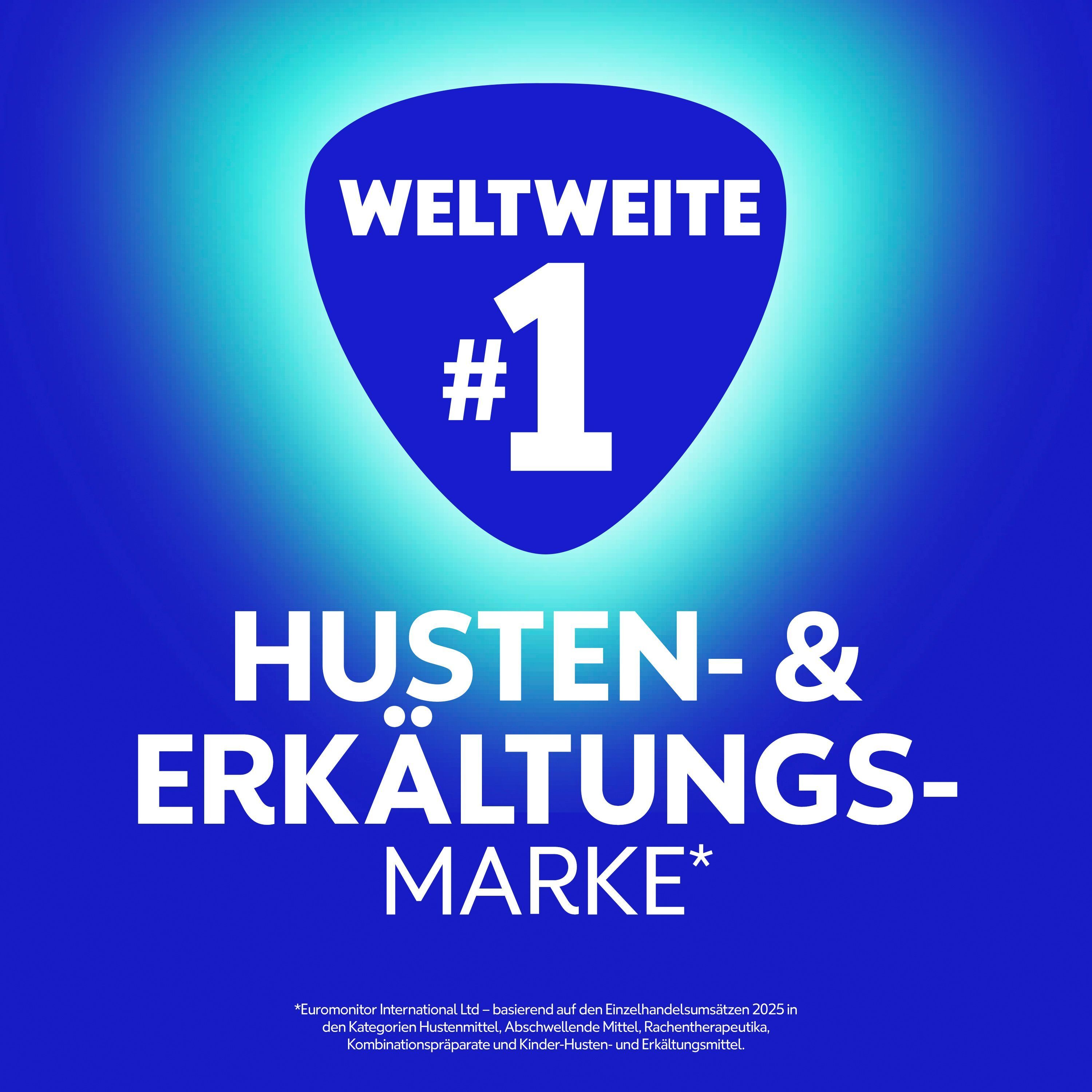 Blauer Hintergrund mit einem Schild, das "Weltweite Nr. 1 Husten- & Erkältungs-Marke" anzeigt.
