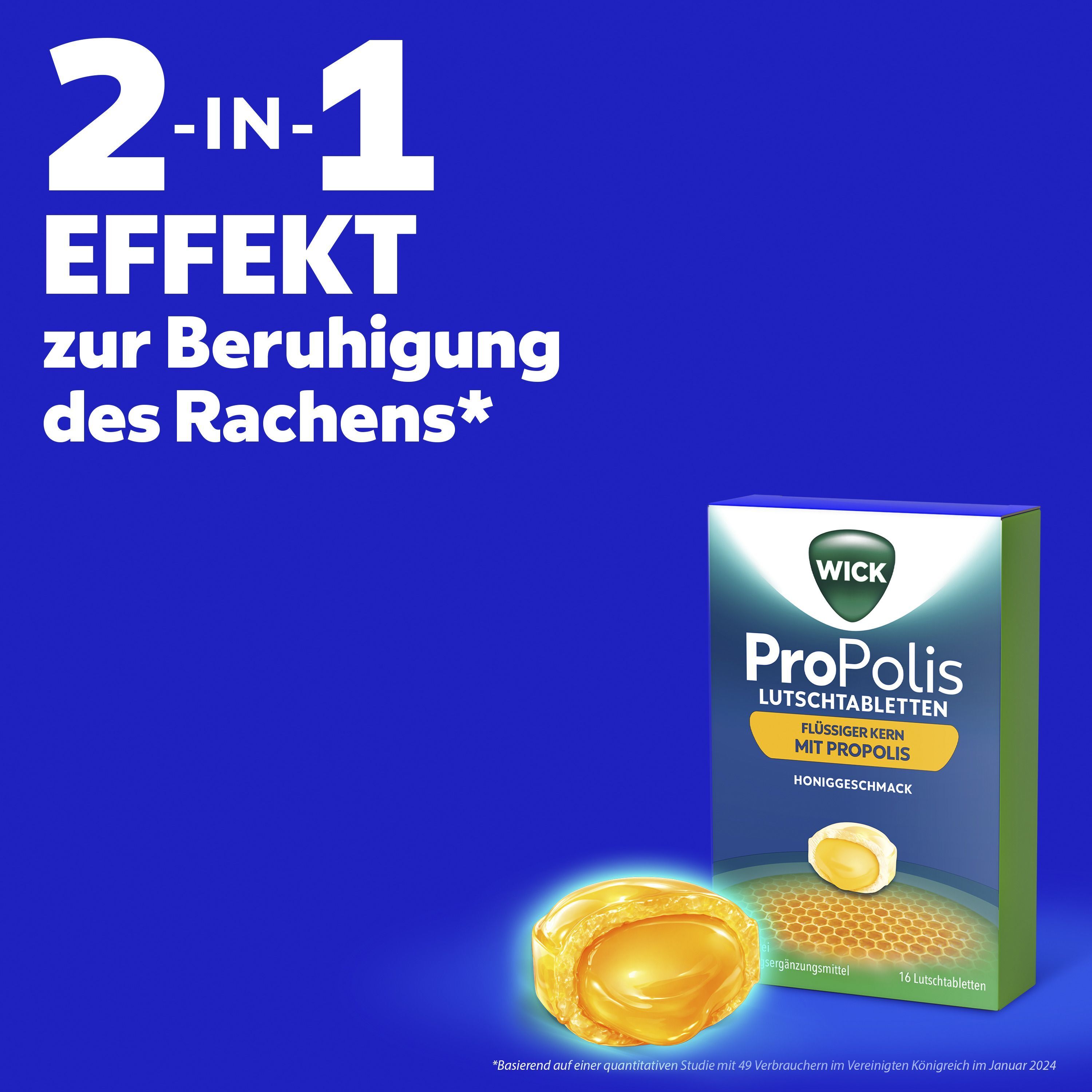 WICK ProPolis Lutschtabletten mit flüssigem Kern, Honiggeschmack und Bienenwaben-Design.