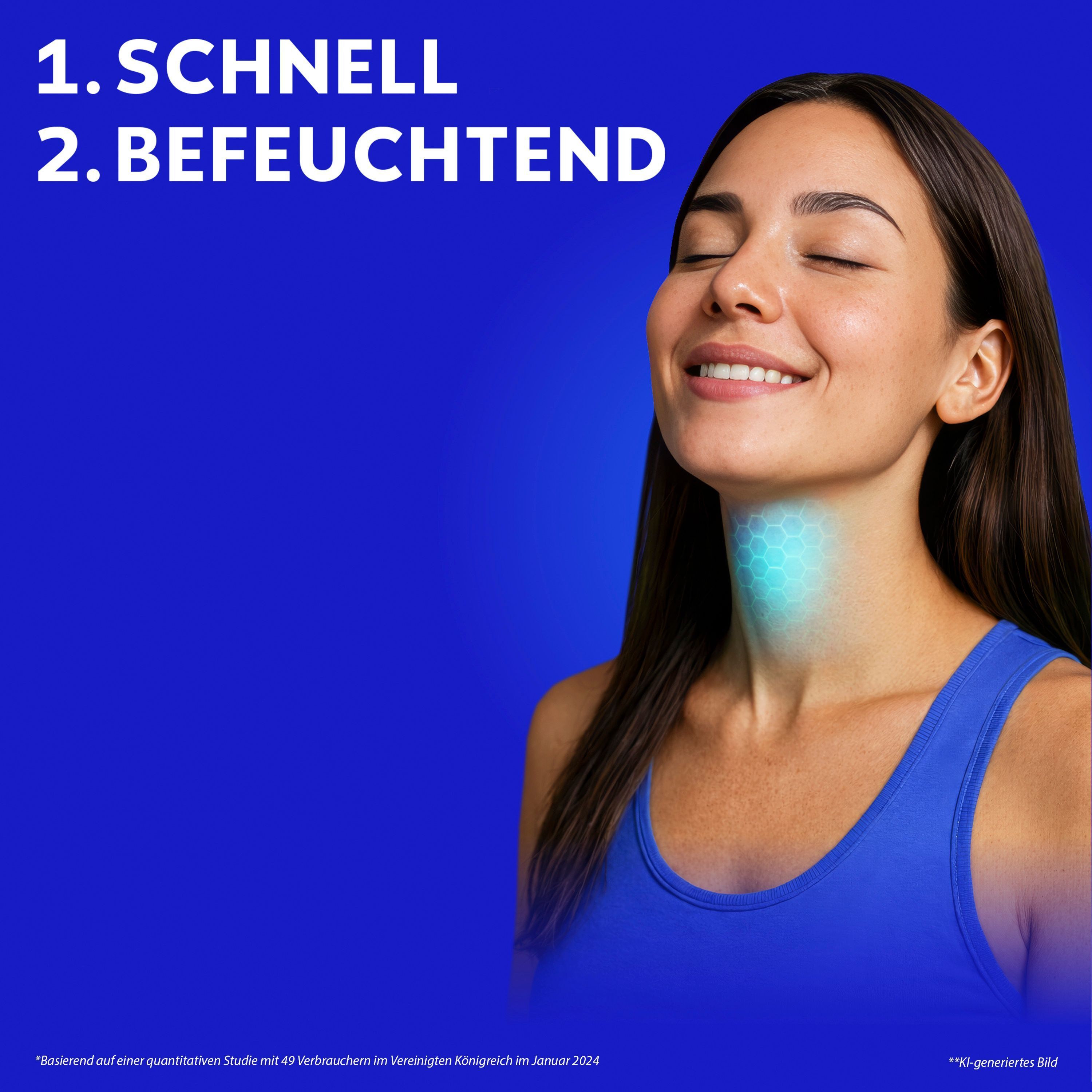 Frau mit geschlossenen Augen und einem Lächeln, die sich die Kehle hält.