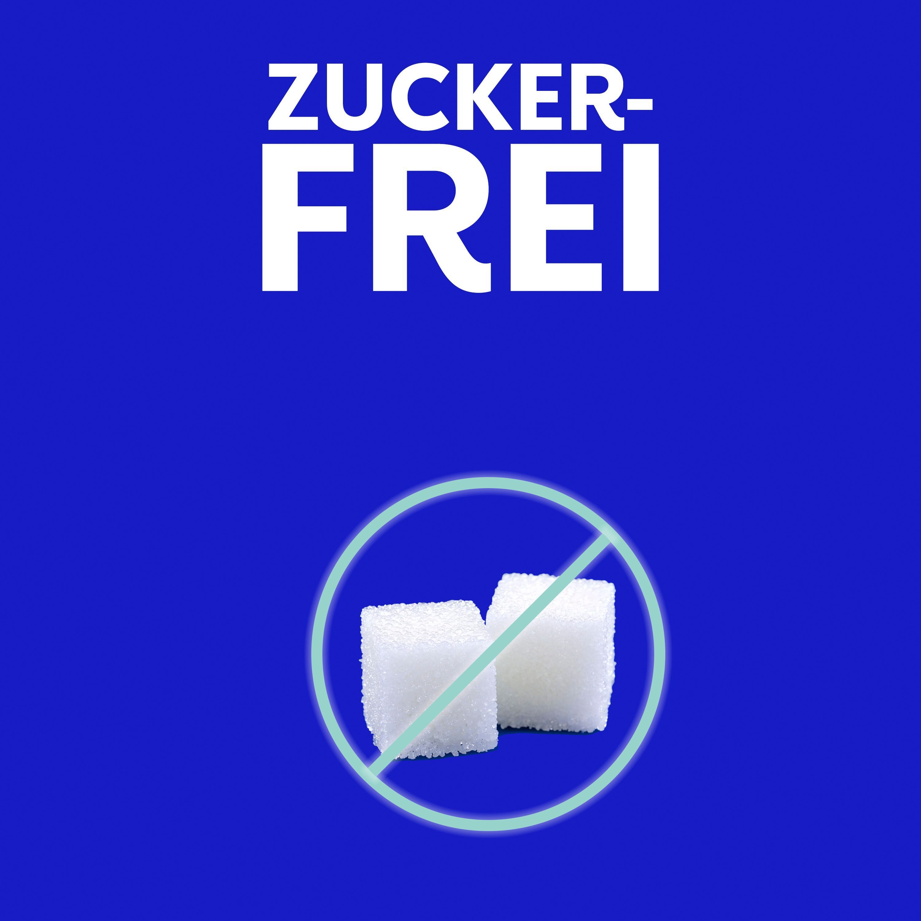 Zwei Zuckerwürfel durchgestrichen, mit Text 'Zuckerfrei'.