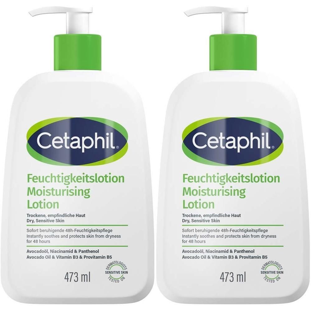 Zwei Flaschen Cetaphil Feuchtigkeitslotion mit Pumpspendern. Für trockene, empfindliche Haut.