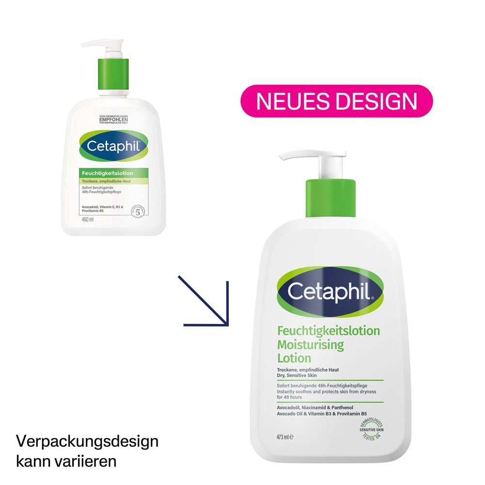 Vergleich von Cetaphil Feuchtigkeitslotion: altes und neues Design. "Neues Design" hervorgehoben.