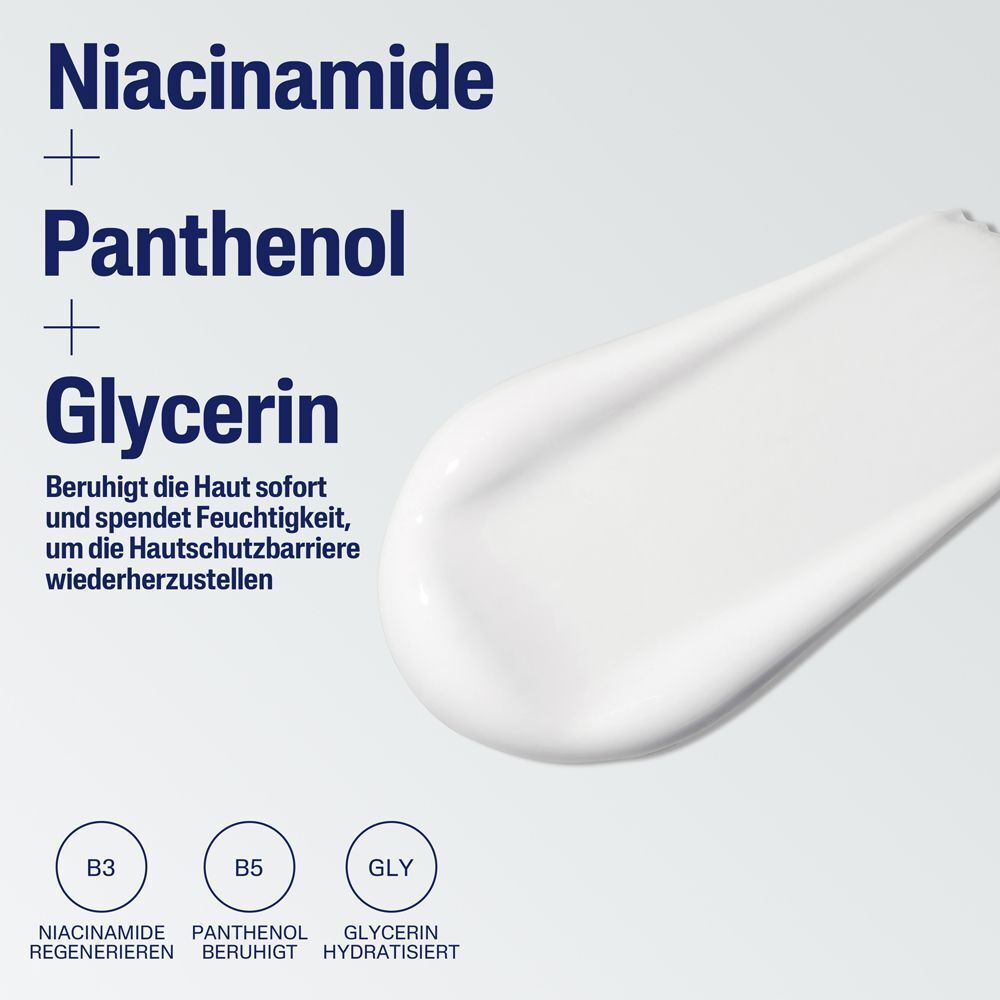 Creme-Textur mit Niacinamid, Panthenol und Glycerin. "Beruhigt und spendet Feuchtigkeit".