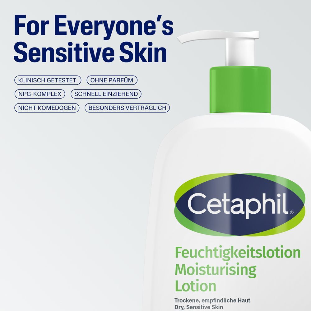 Cetaphil Feuchtigkeitslotion Flasche. "Für jede empfindliche Haut". Getestet: Klinisch, ohne Parfum.